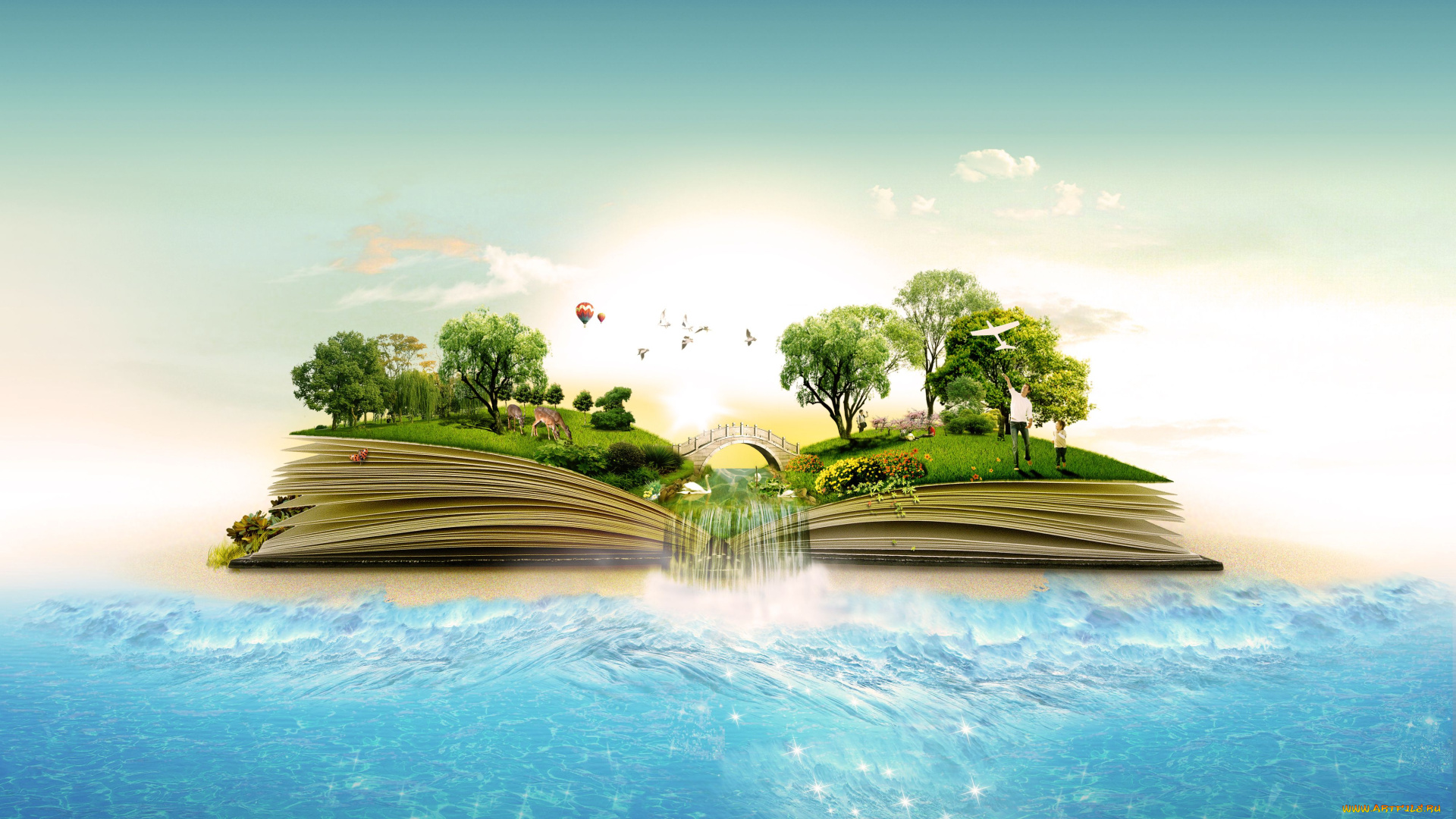 разное, компьютерный, дизайн, море, книга, пейзаж, деревья, водопад