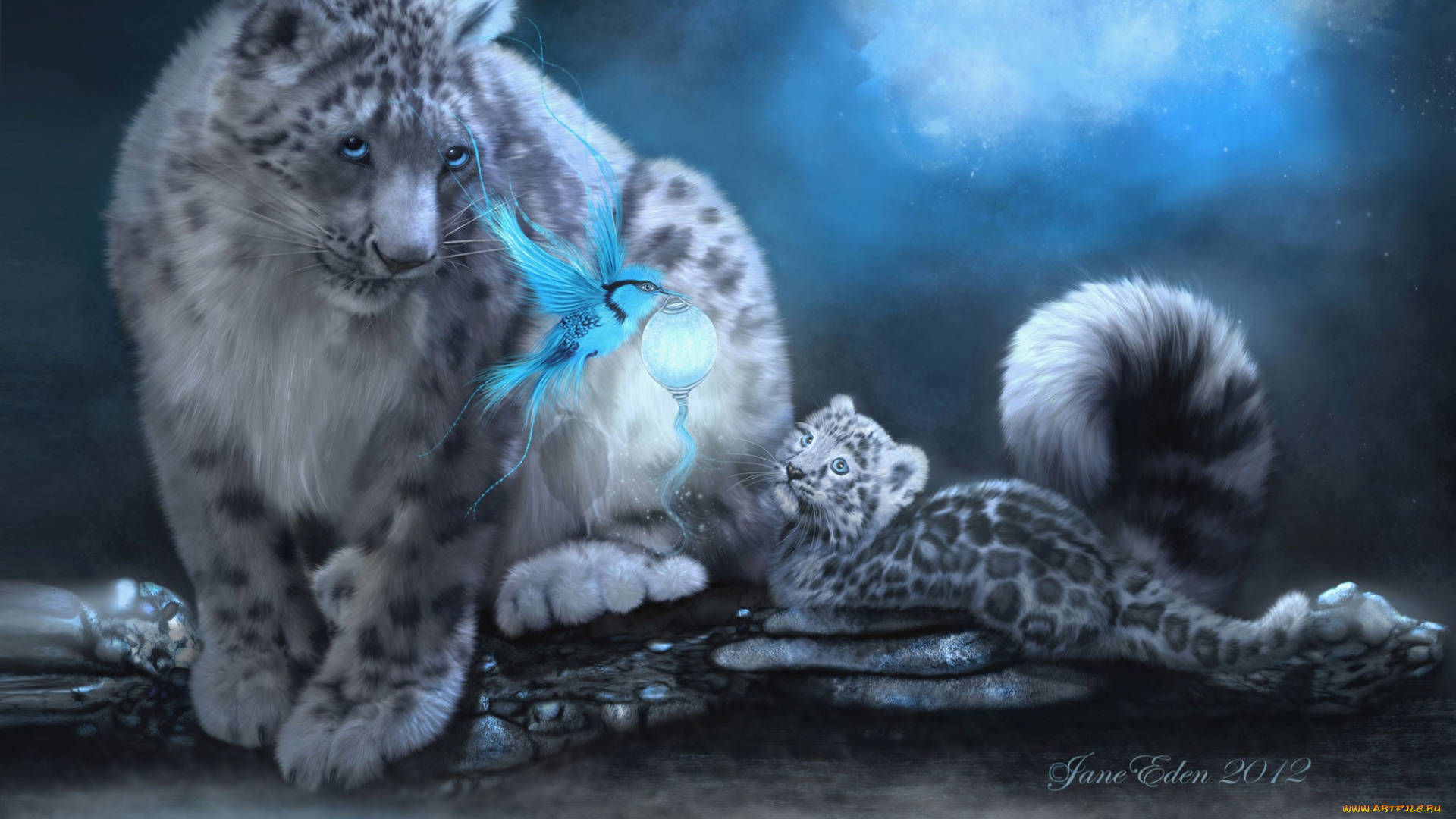 рисованные, животные, тигры, луна, птица