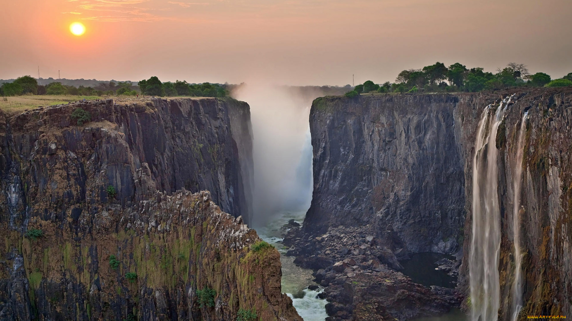 водопад, виктория, природа, водопады, закат, горы, скала