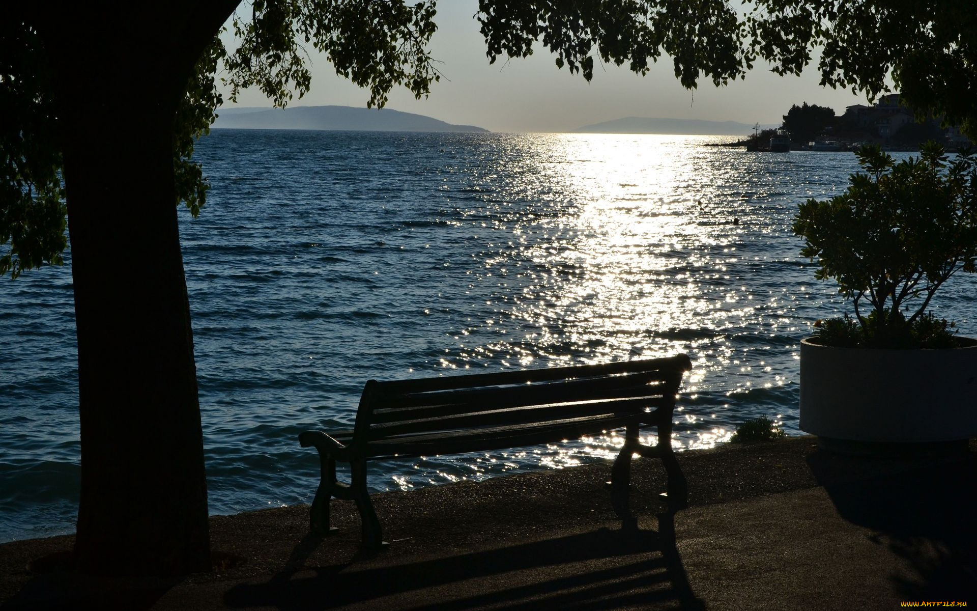 природа, восходы, закаты, закат, горы, озеро, скамейка