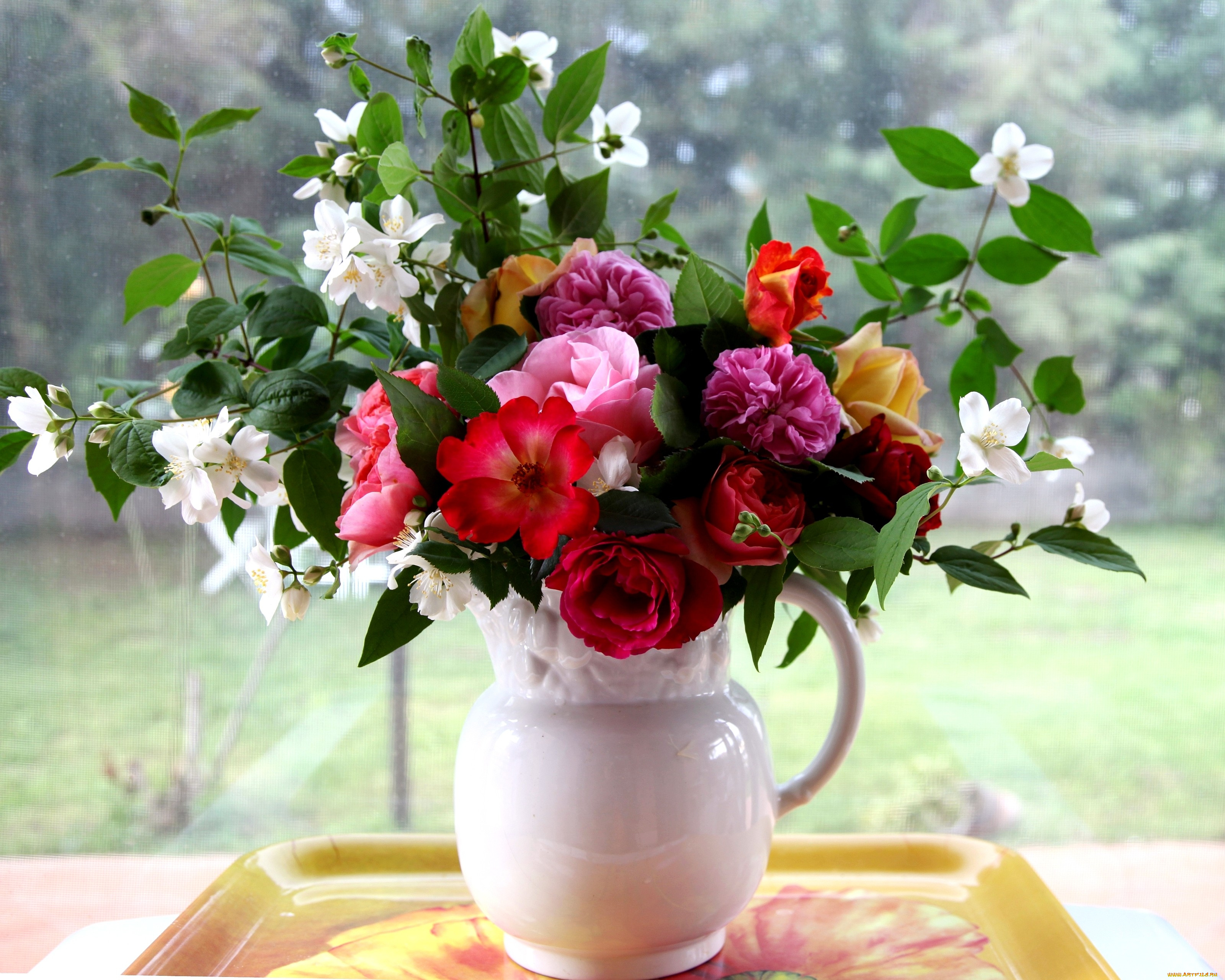 цветы, букеты, композиции, кувшин, жасмин, розы