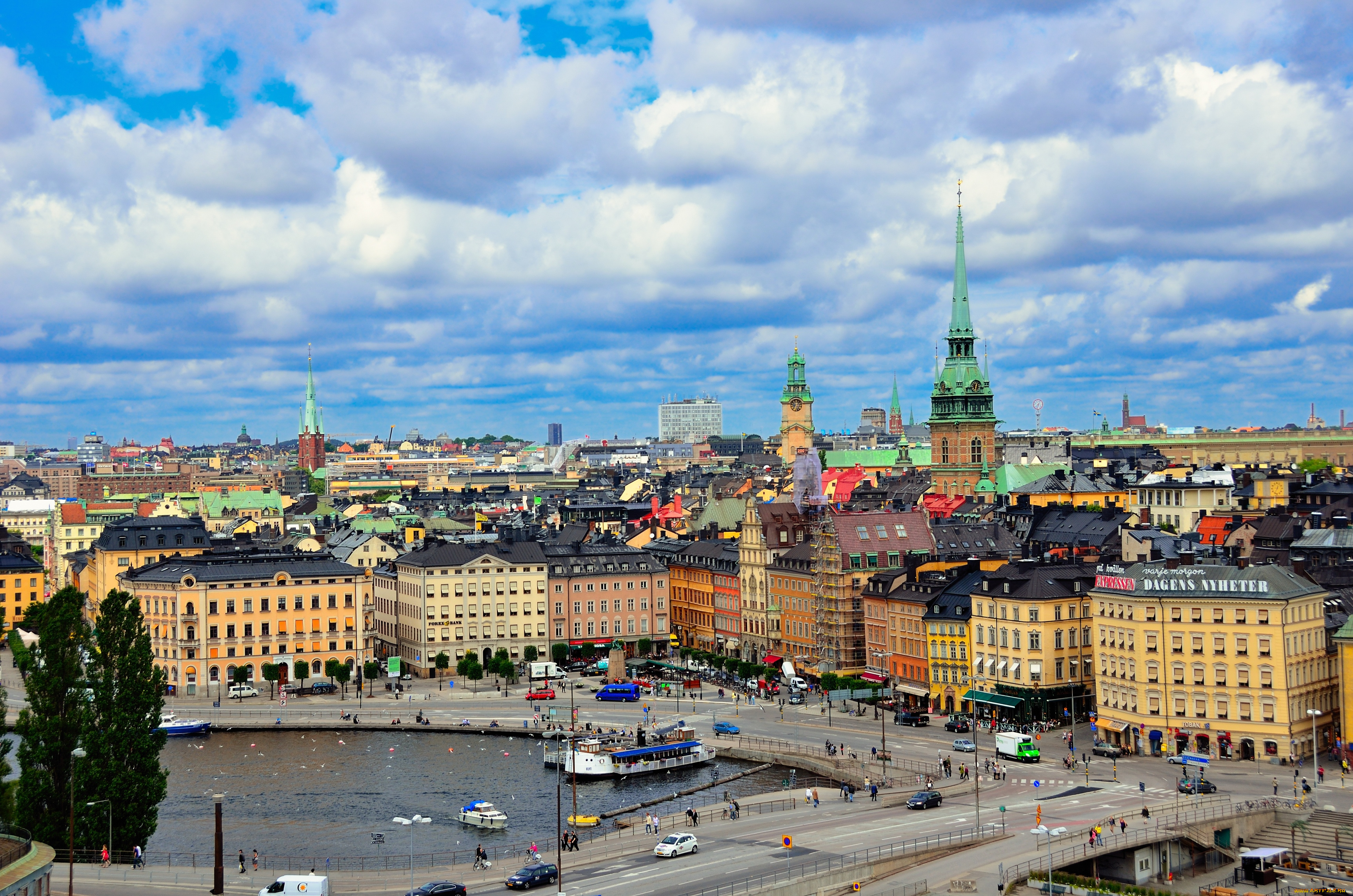 города, стокгольм, швеция, дома, вода, облака, шпиль