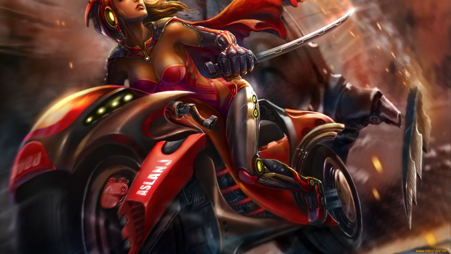 фэнтези, девушки, мотоцикл