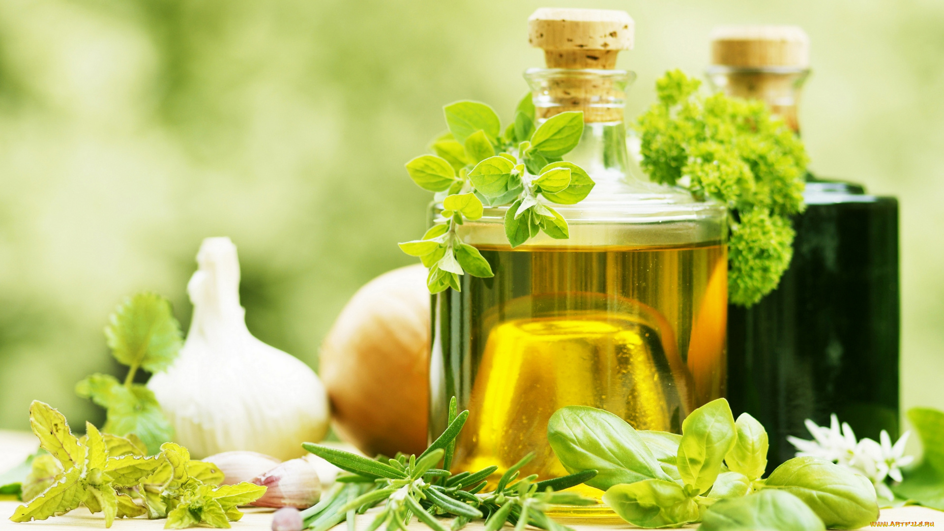 еда, разное, garlic, fresh, herbs, чеснок, зелень, оливковое, масло, olive, oil