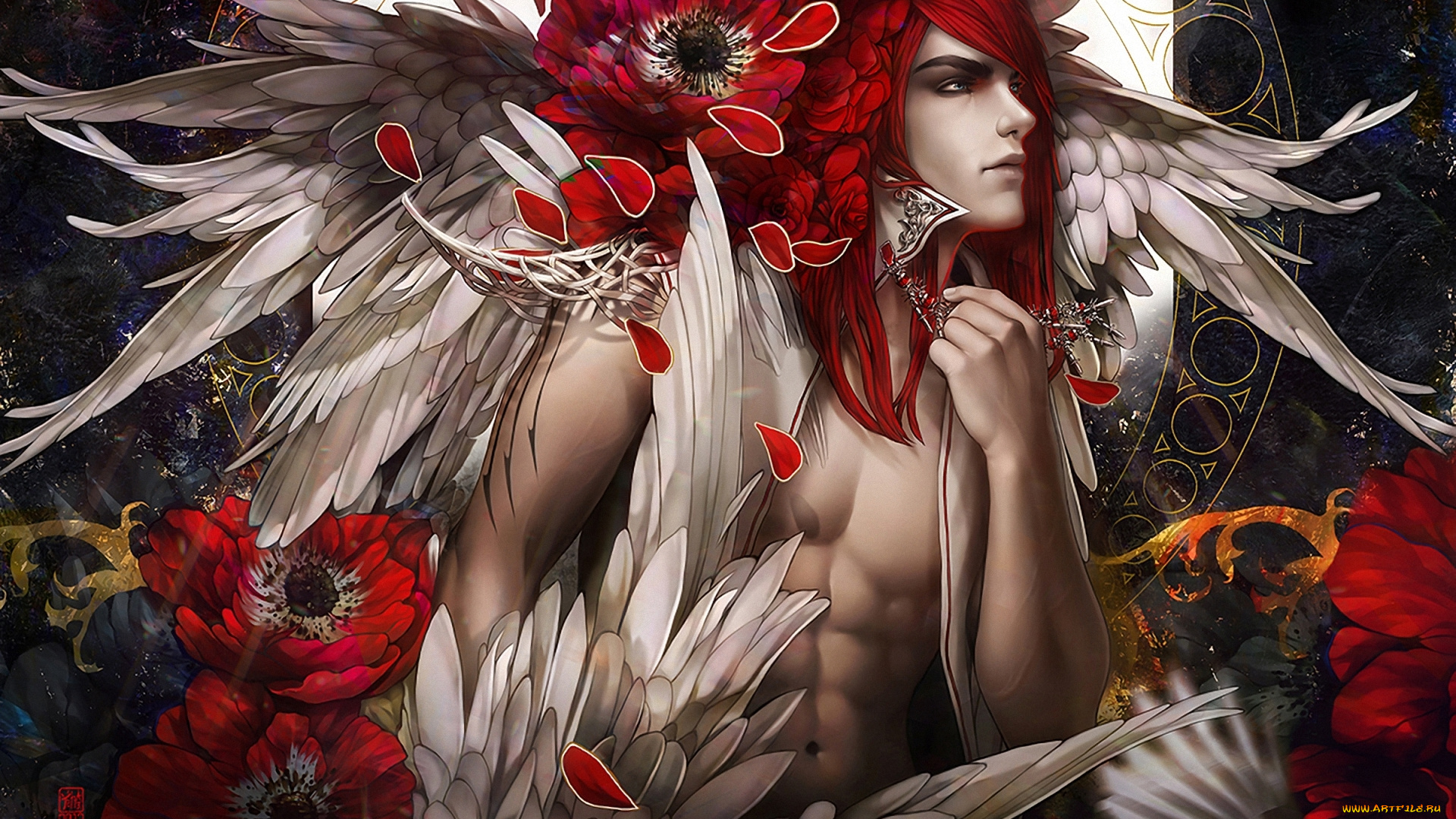 фэнтези, ангелы, цветы, красные, волосы, парень