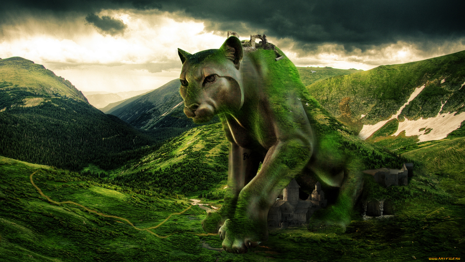 фэнтези, фотоарт, храм, развалины, пума, скала, горы