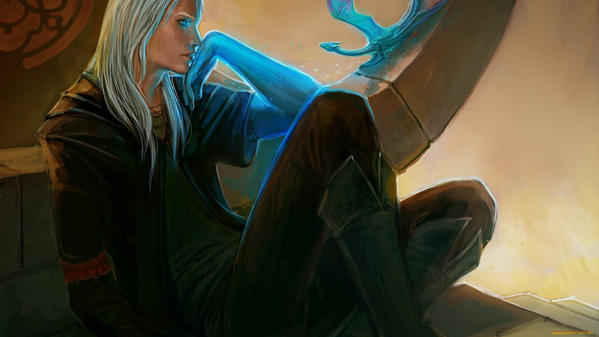 фэнтези, люди, парень, арт, белые, волосы, магия, дракон, голубой