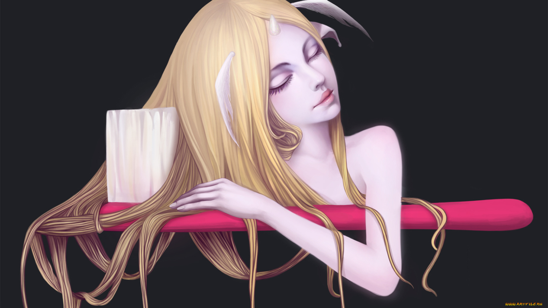 фэнтези, существа, щетка, крылья, рог, девушка