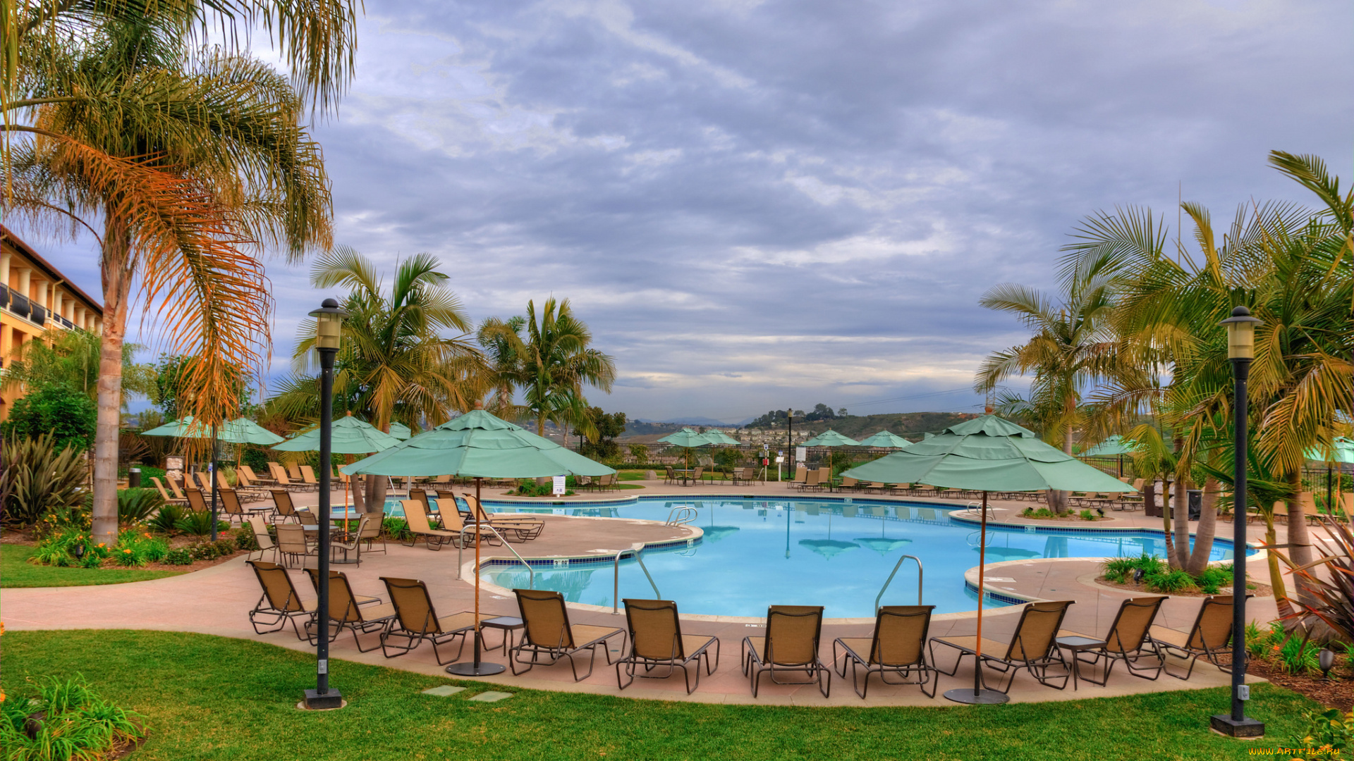 интерьер, бассейны, , открытые, площадки, шезлонги, бассейн, отель, пальмы