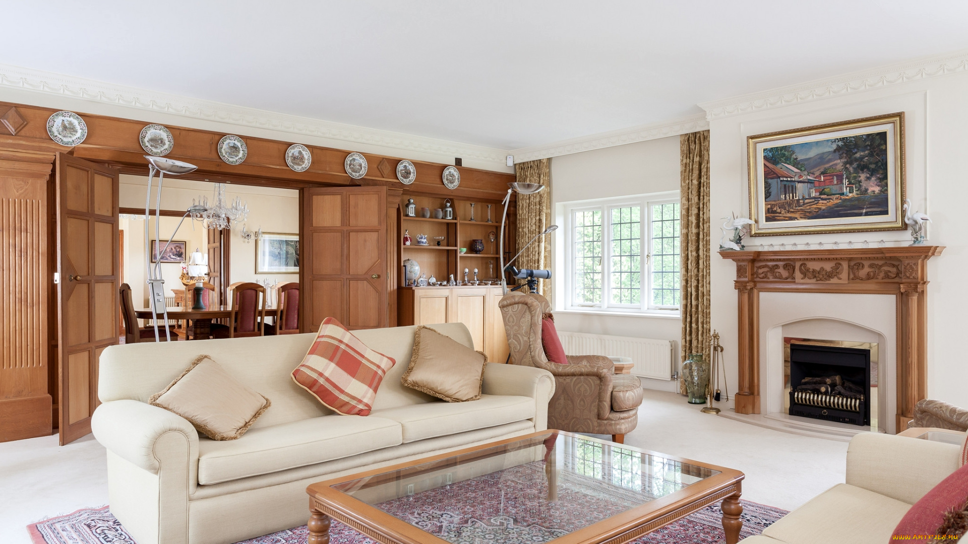 интерьер, гостиная, диваны, камин