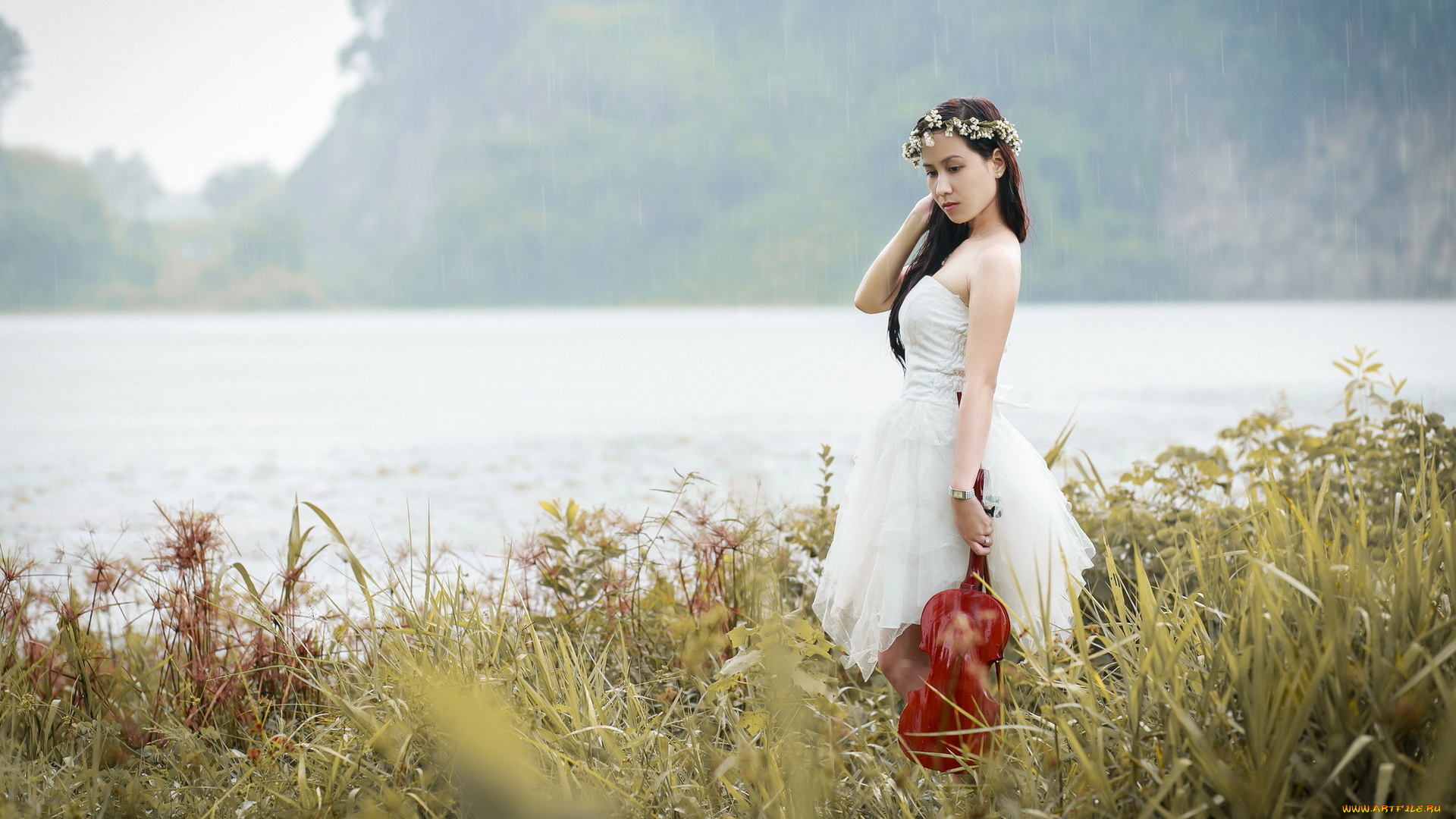 музыка, -, другое, дождь, скрипка, азиатка, девушка