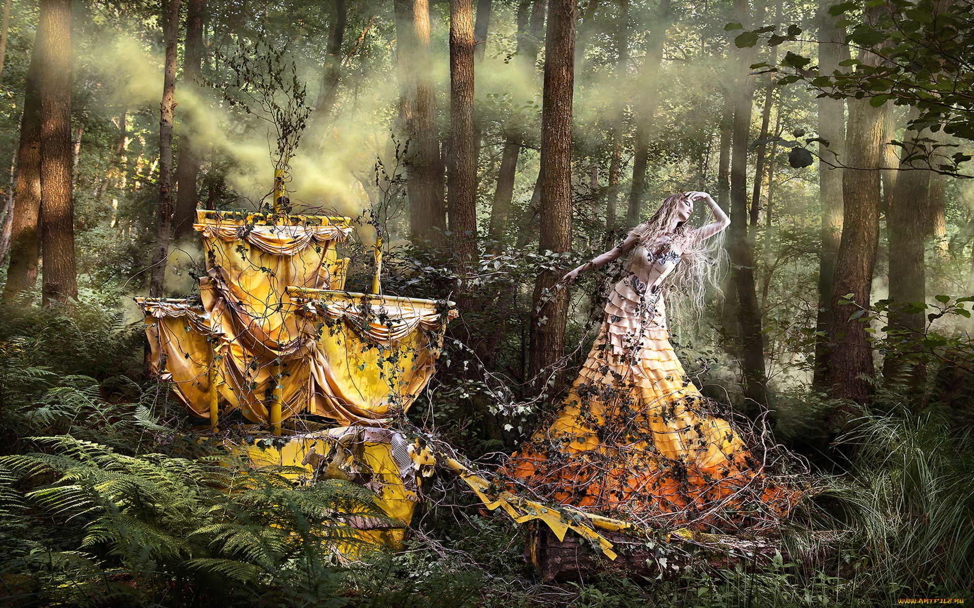 фэнтези, фотоарт, паруса, девушка, лес, желтые