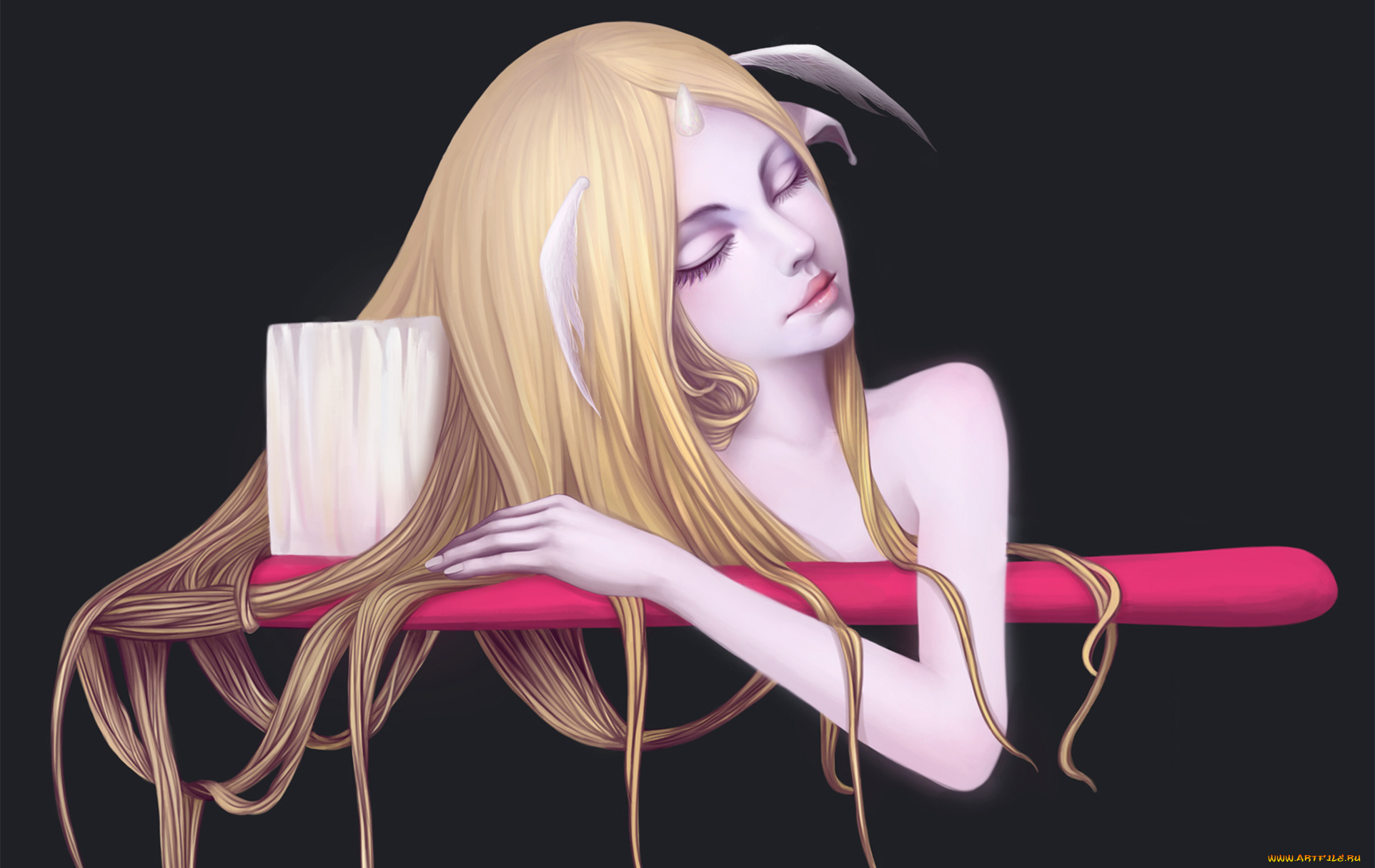 фэнтези, существа, щетка, крылья, рог, девушка