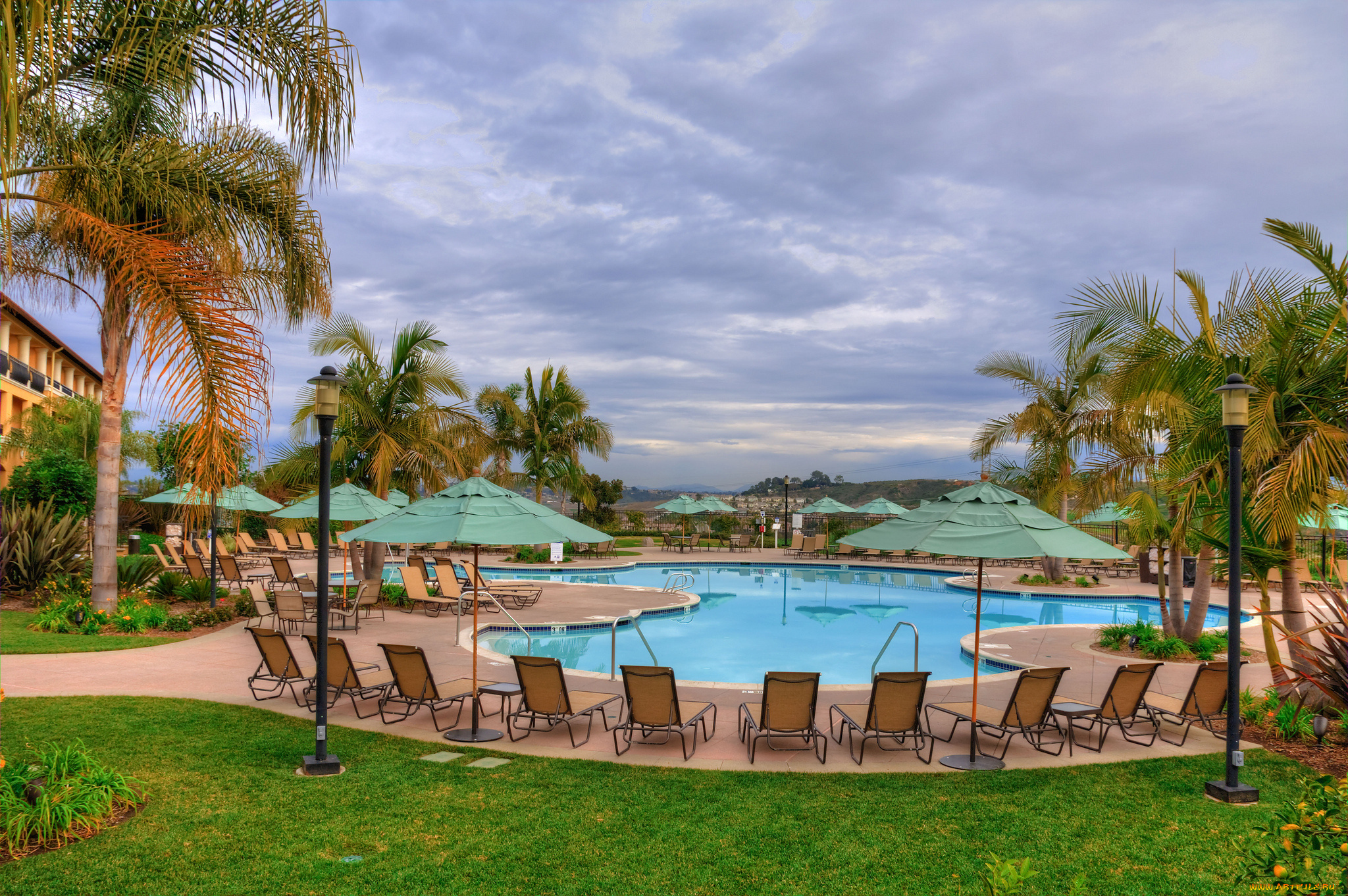 интерьер, бассейны, , открытые, площадки, шезлонги, бассейн, отель, пальмы