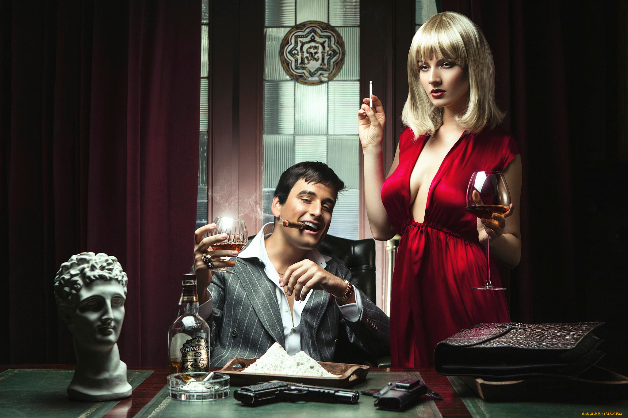 разное, мужчина, женщина, сигара, бокал, спирное, парень, девушка, платье, сигарета, пистолет, белый, порошок