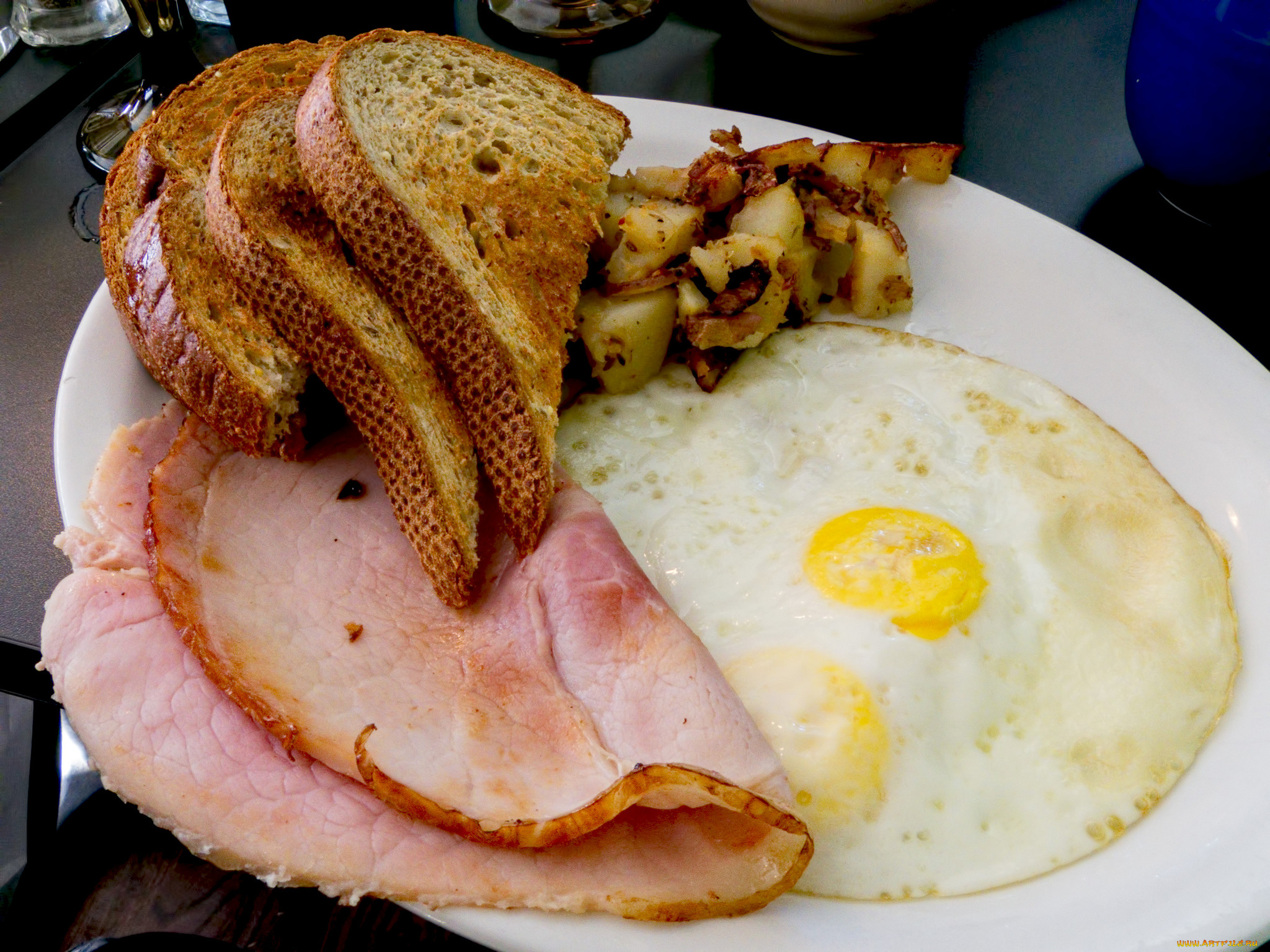 еда, Яичные, блюда, хлеб, яичница, ветчина