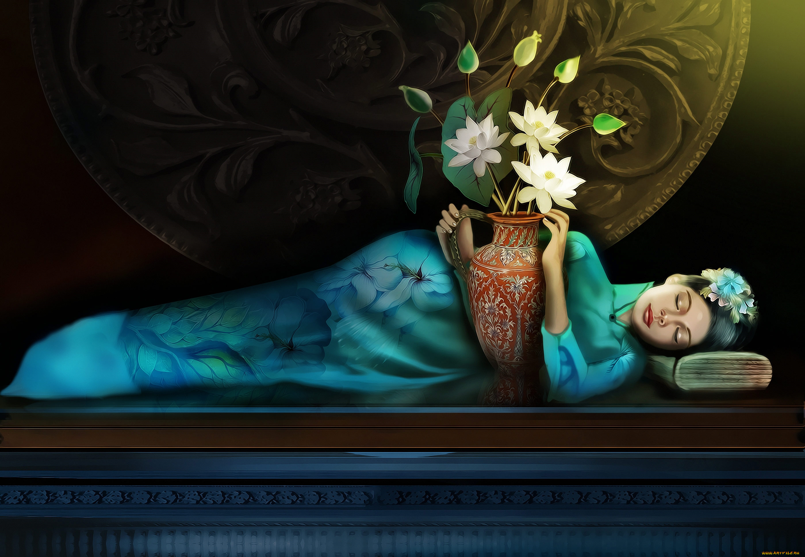 фэнтези, девушки, лотосы, отдых