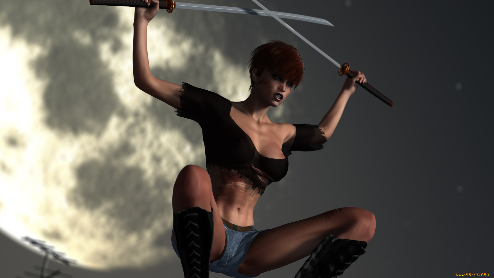 3д, графика, фантазия, , fantasy, луна, оружие, фон, взгляд, девушка