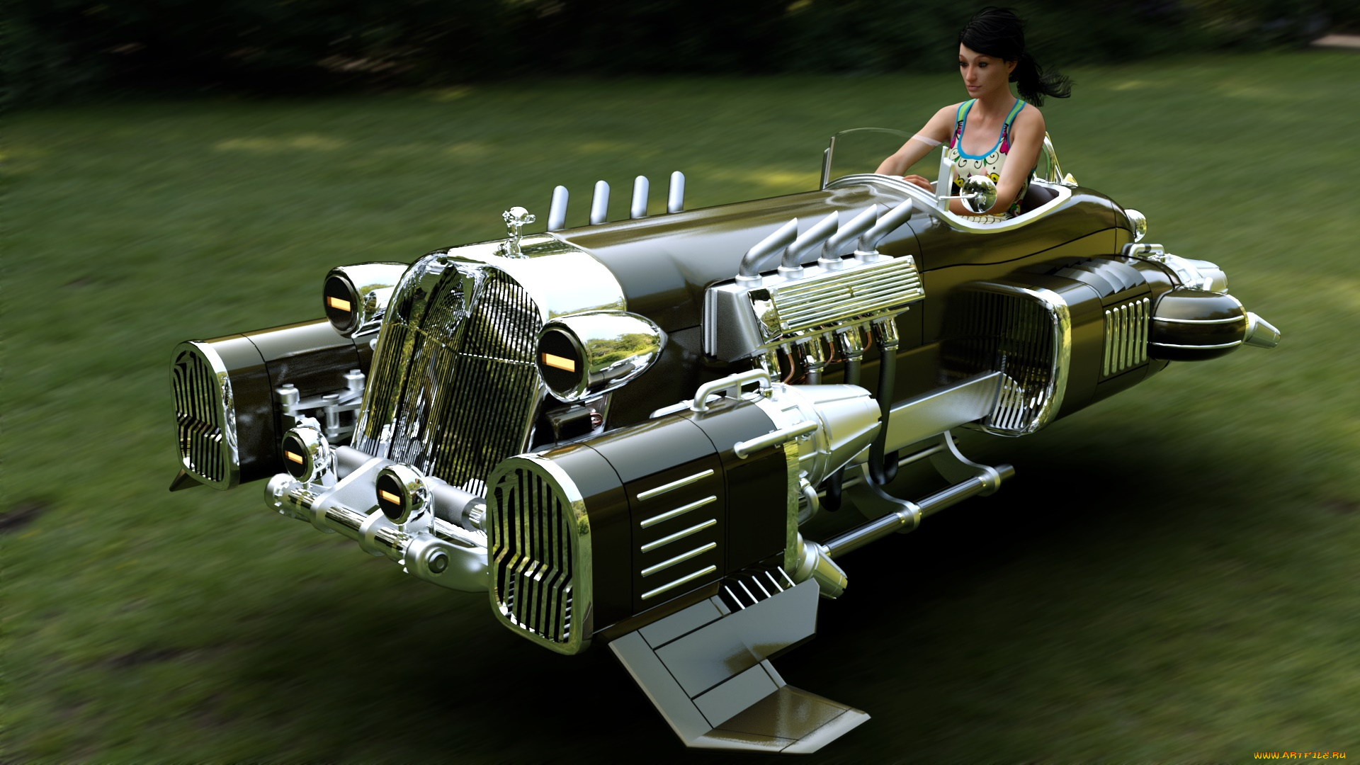 3д, графика, фантазия, , fantasy, полет, автомобиль, фон, взгляд, девушка