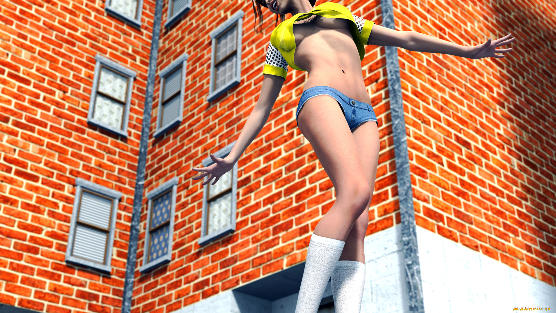 3д, графика, люди, , people, девушка, взгляд, дом, шорты, улыбка, фон