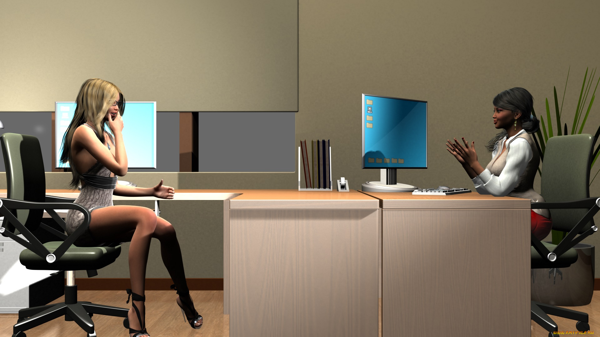 3д, графика, люди, , people, фон, столы, офис, девушки, взгляд
