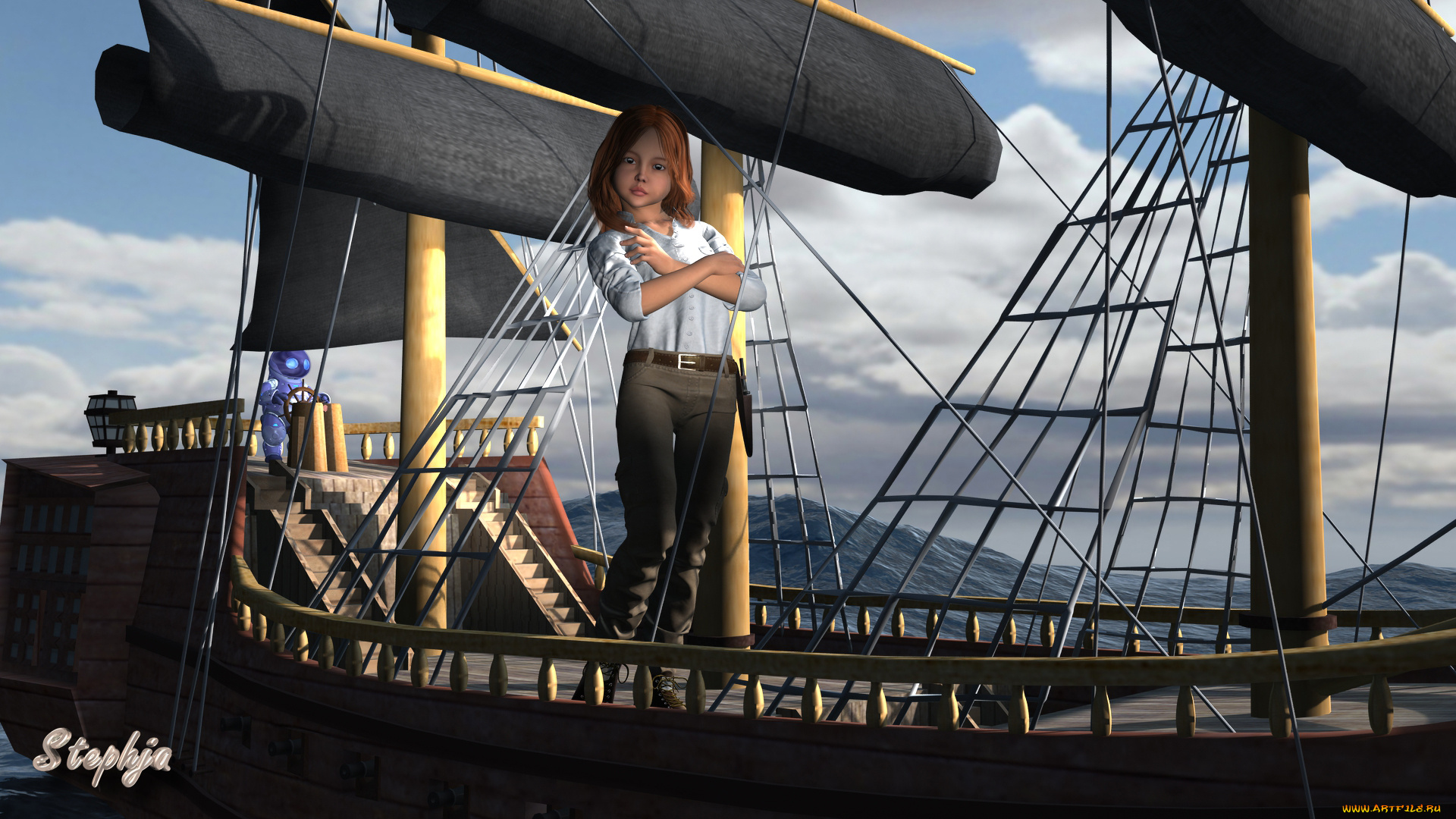 3д, графика, люди, , people, фон, взгляд, девушка, корабль