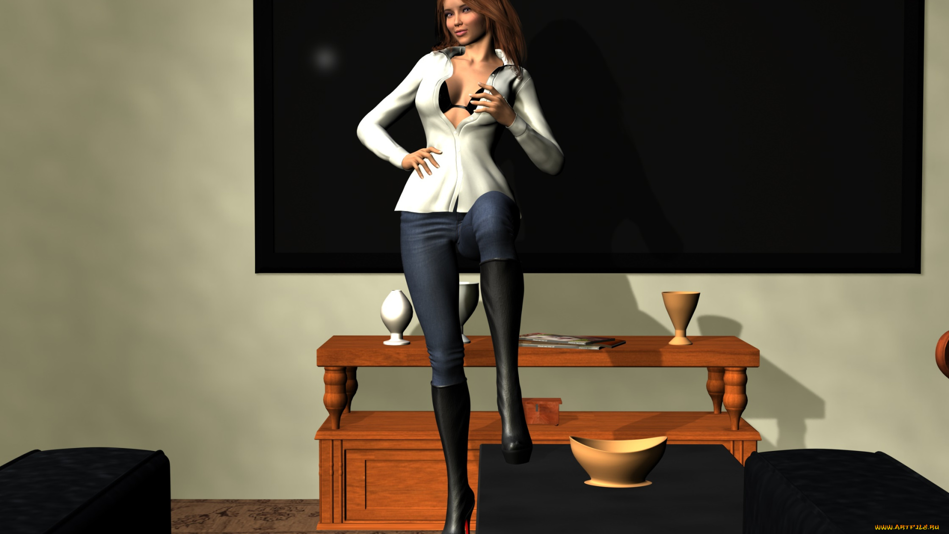 3д, графика, люди, , people, посуда, фон, улыбка, взгляд, девушка