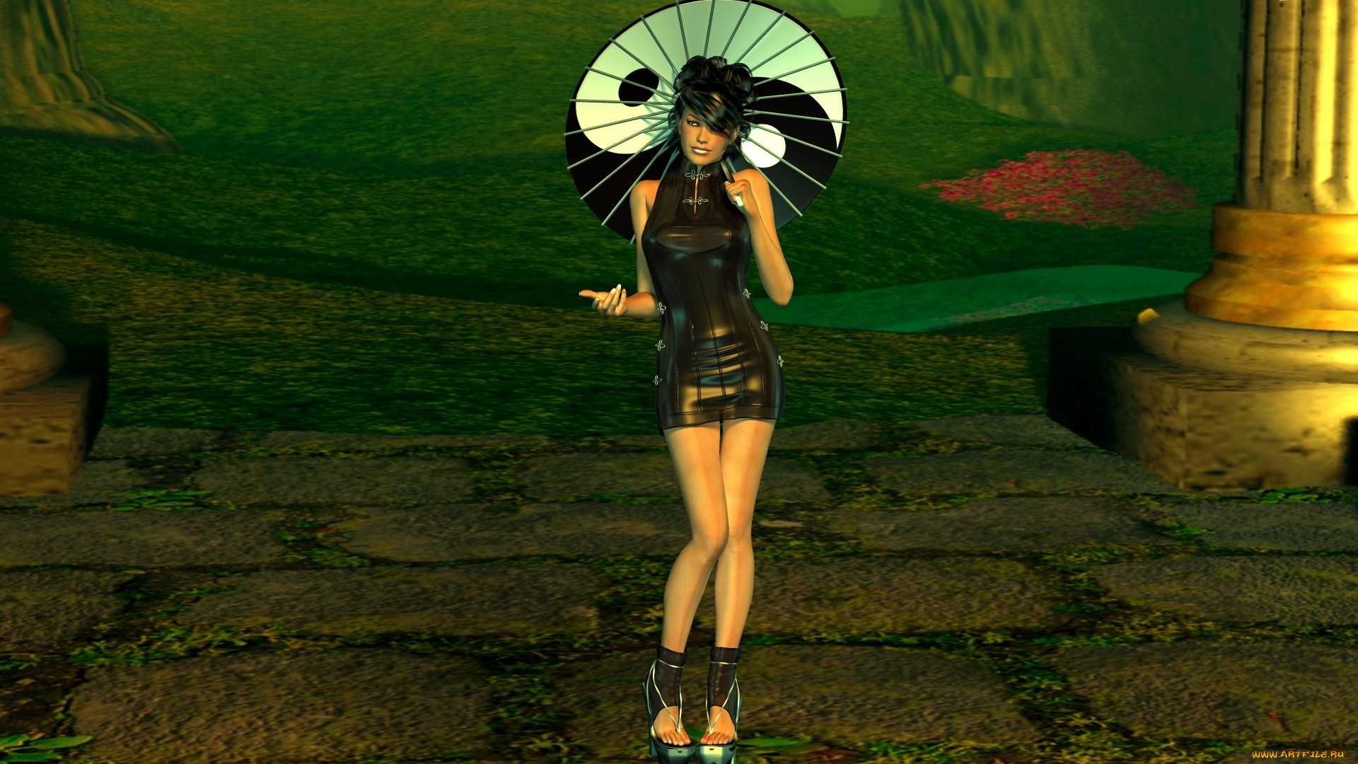 3д, графика, люди, , people, взгляд, девушка, зонтик, фон