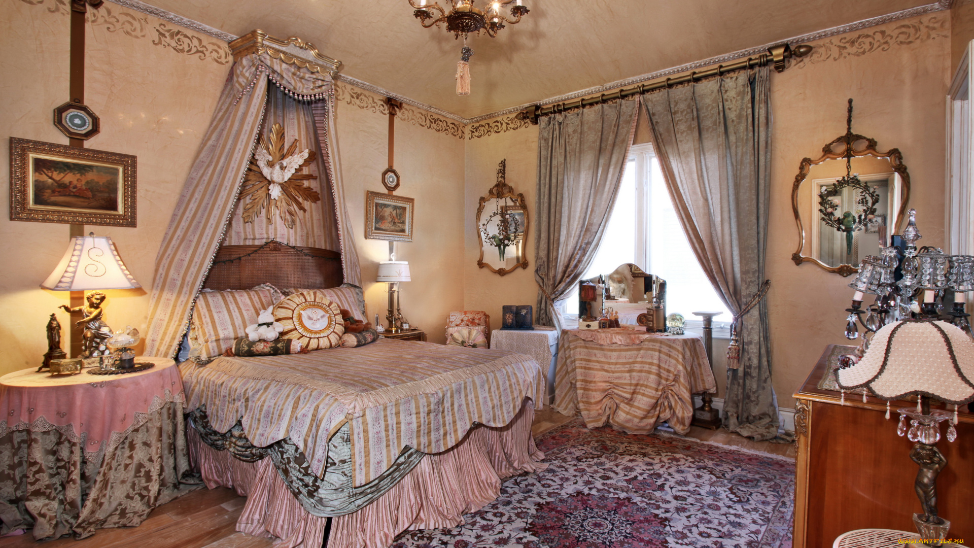 интерьер, спальня, шторы, постель, кровать, дизайн