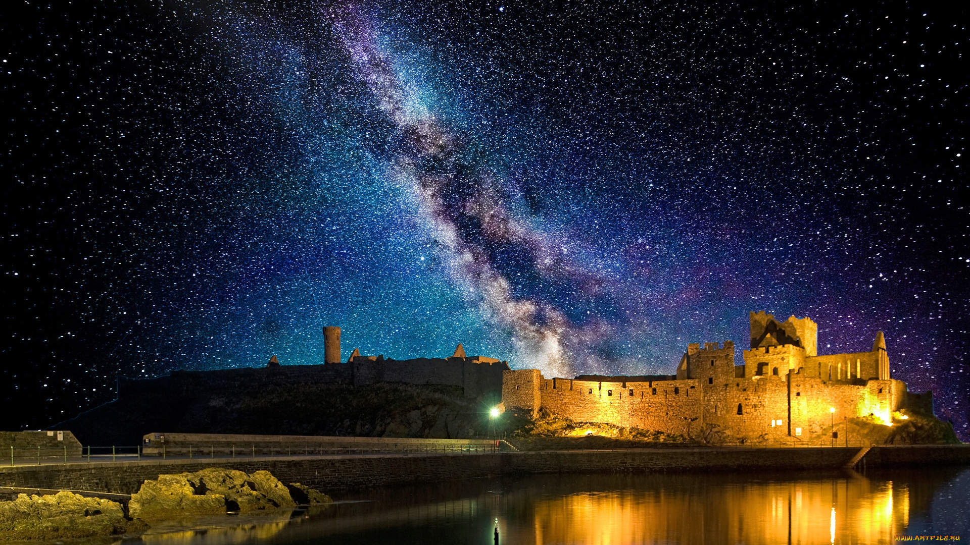 peel, castle, isle, of, man, города, замки, англии, ночь, небо, звезды, замок