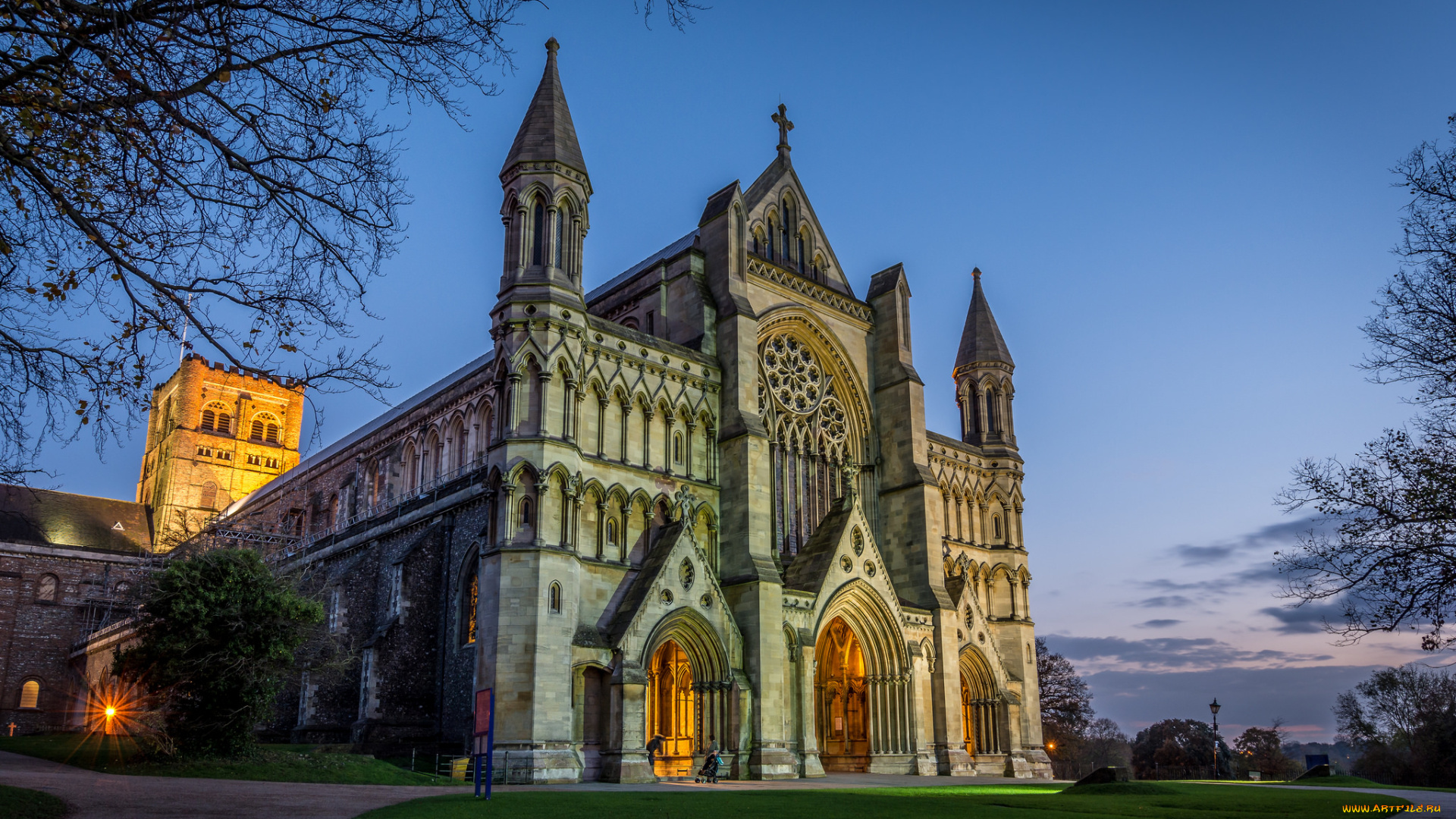 st, albans, cathedral, at, sundown, города, -, католические, соборы, , костелы, , аббатства, собор