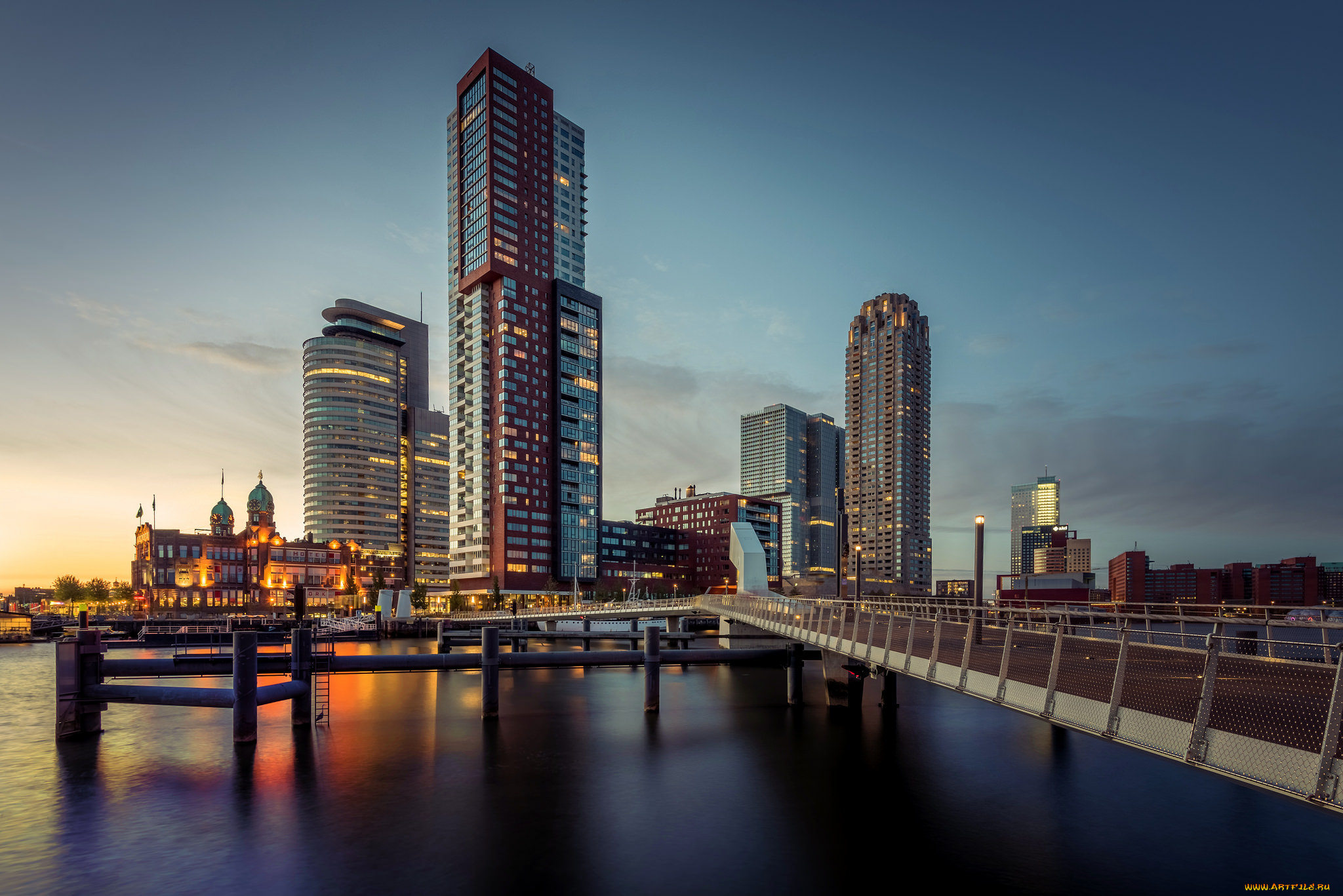 rotterdam, города, -, панорамы, день, мост, небоскребы