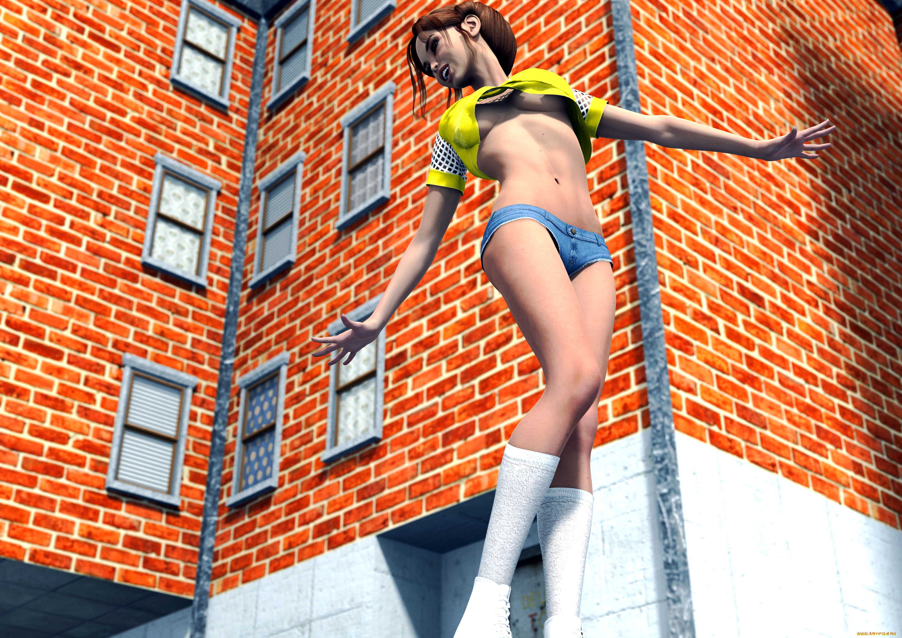 3д, графика, люди, , people, девушка, взгляд, дом, шорты, улыбка, фон