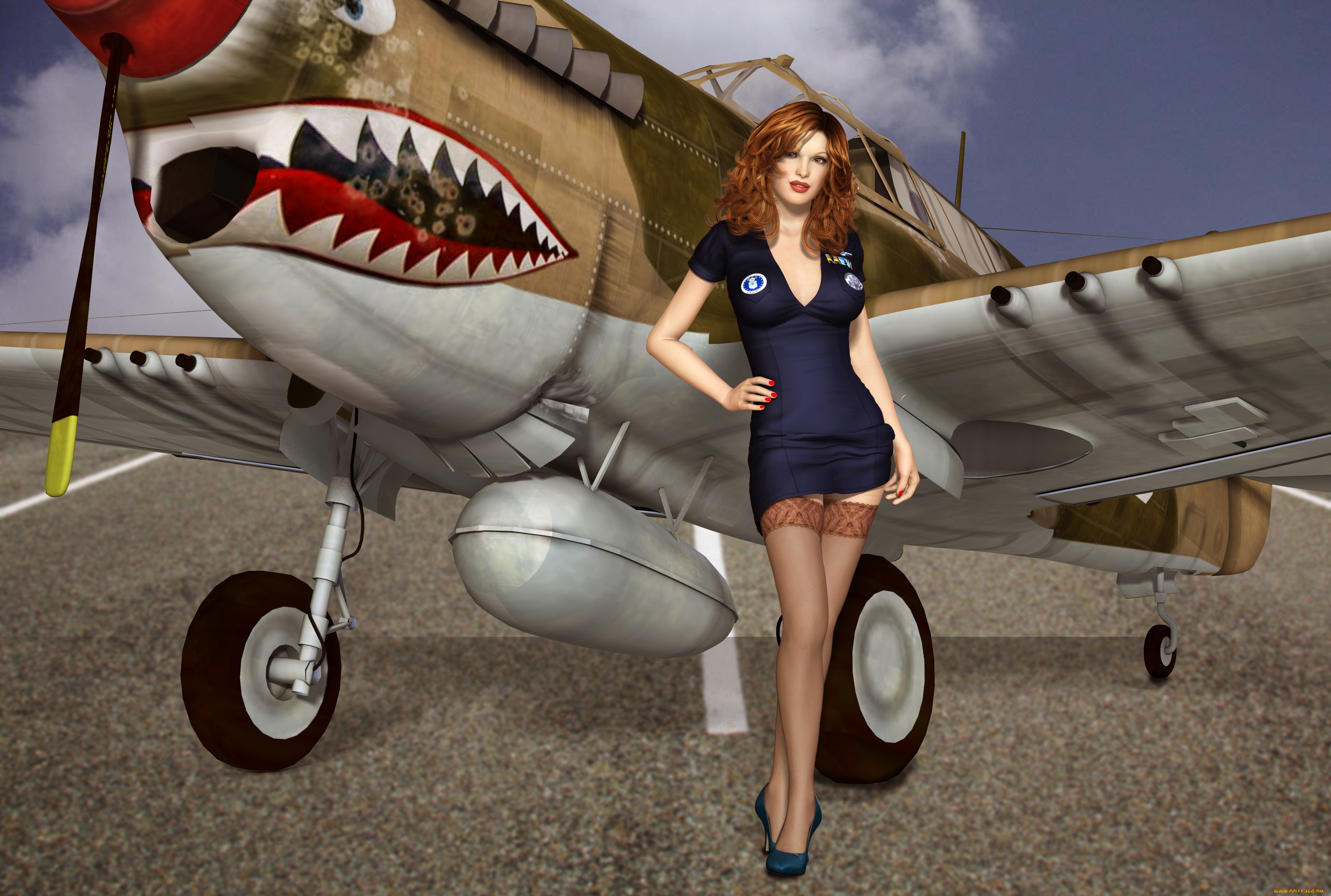 3д, графика, люди, , people, взгляд, девушка, самолет, рыжая, фон