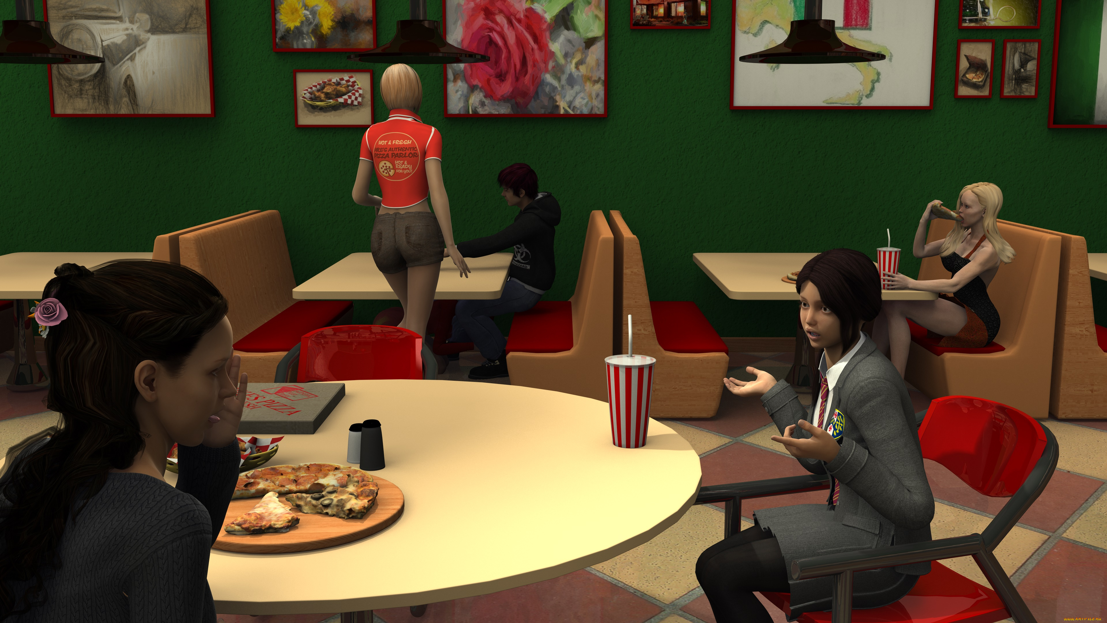 3д, графика, люди, , people, фон, стол, взгляд, девушки