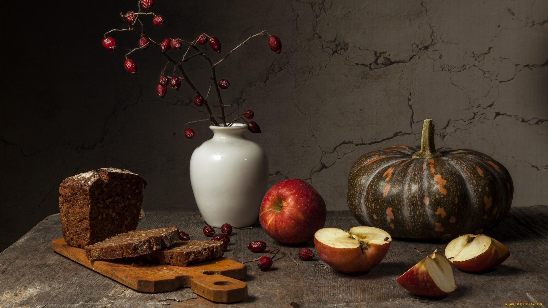 еда, натюрморт, яблоки, тыква, хлеб