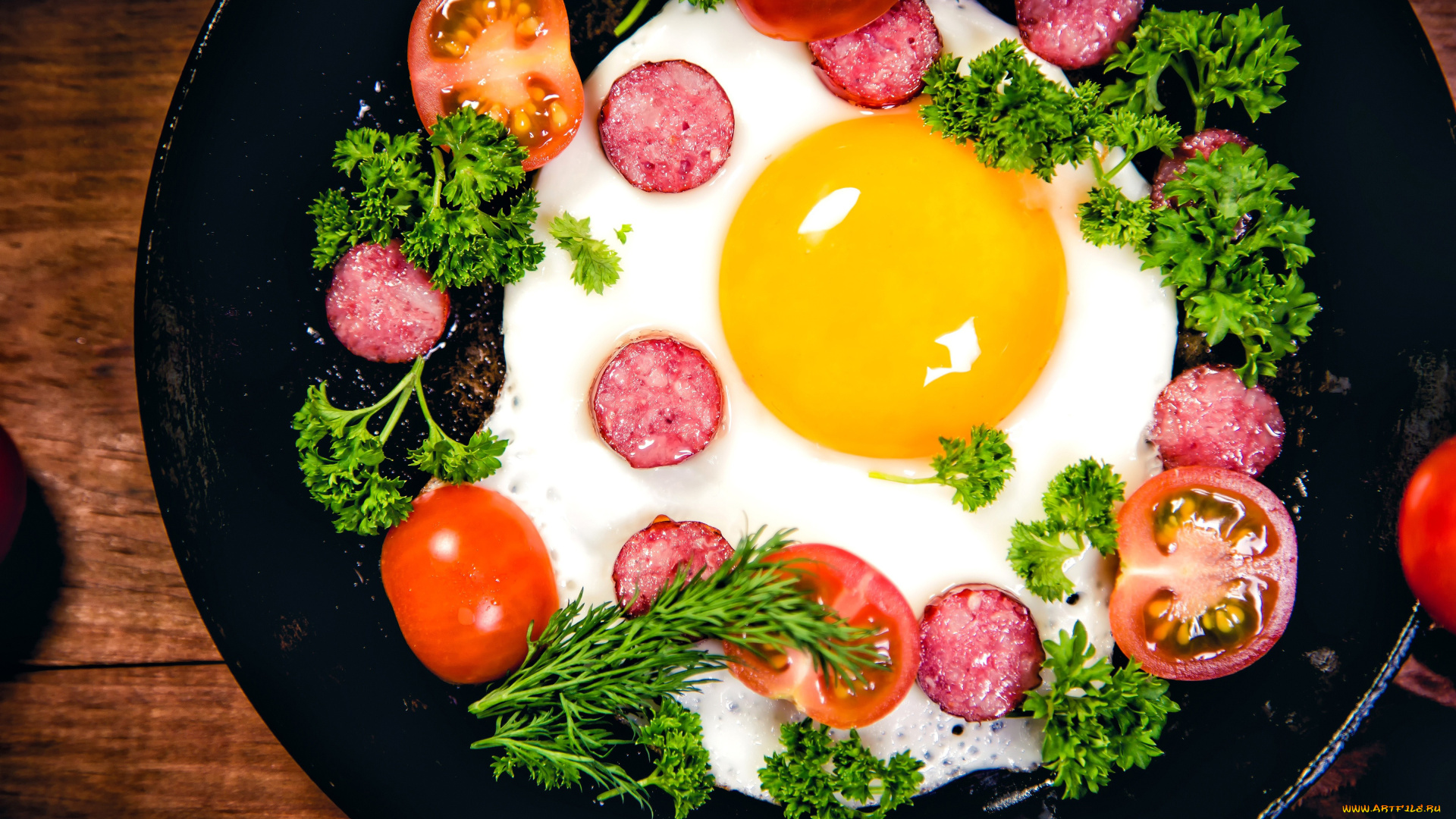 еда, Яичные, блюда, шкварки, зелень, глазунья