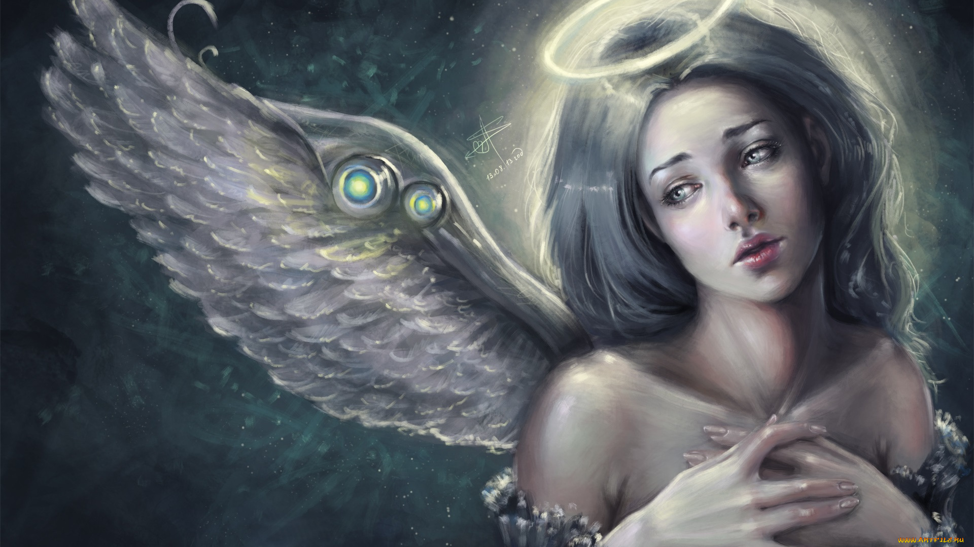 фэнтези, ангелы, angel, лицо, крылья, нимб, взгляд, фантастика, арт, ангел, девушка