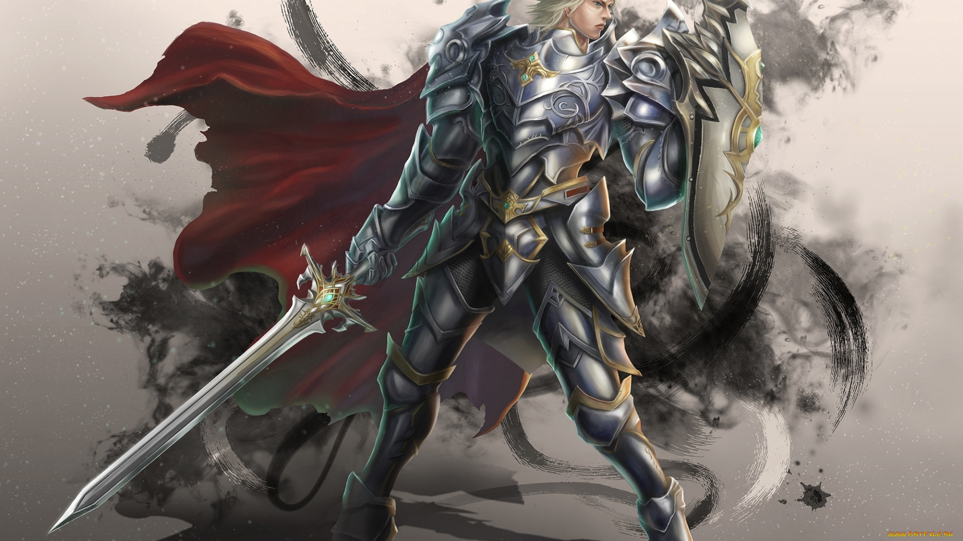 фэнтези, люди, фантастика, арт, воин, броня, доспехи, взгляд, меч, оружие, щит, поза