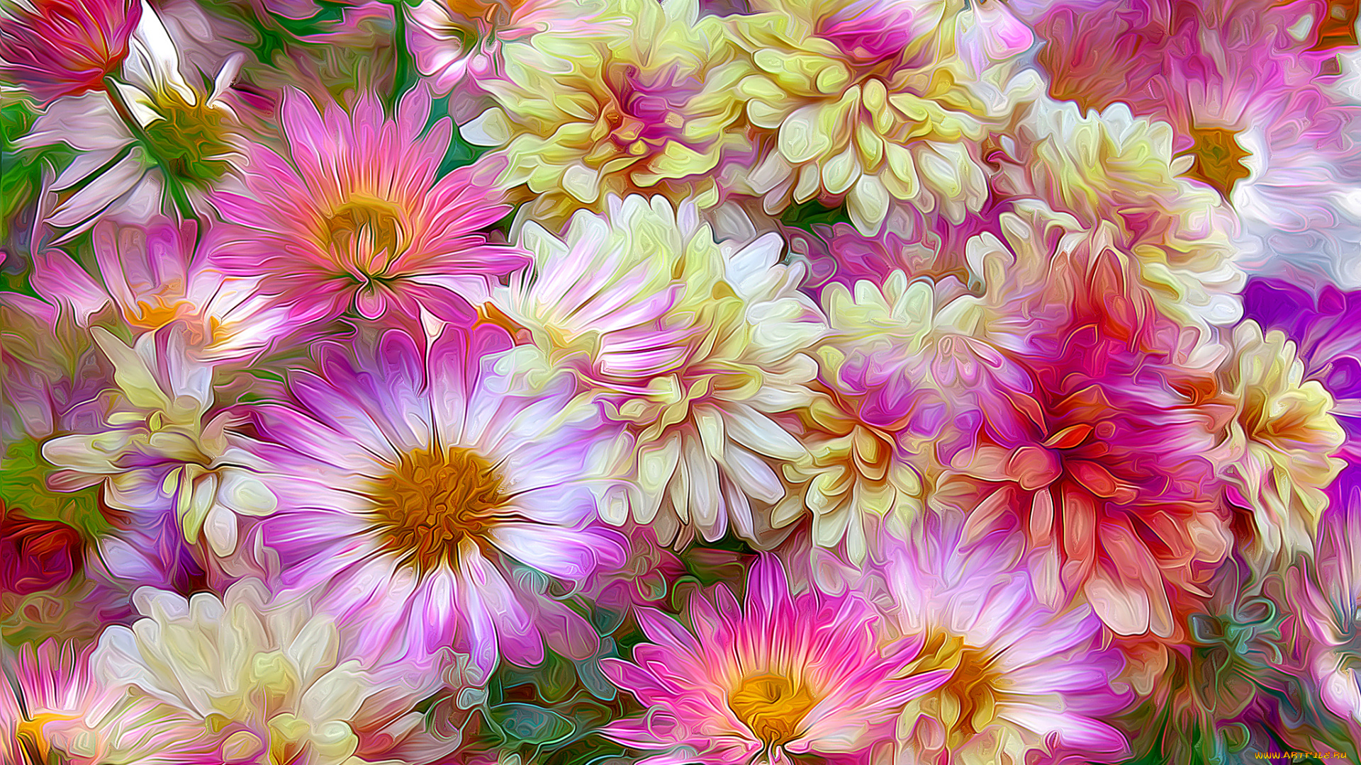 разное, компьютерный, дизайн, лепестки, клумба, рендеринг, поле, луг, сад, абстракция