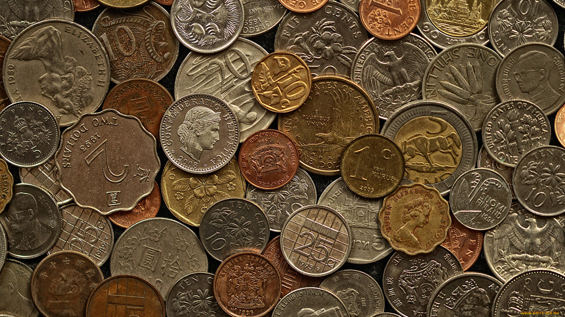 разное, золото, , купюры, , монеты, монеты, деньги, макро, текстура
