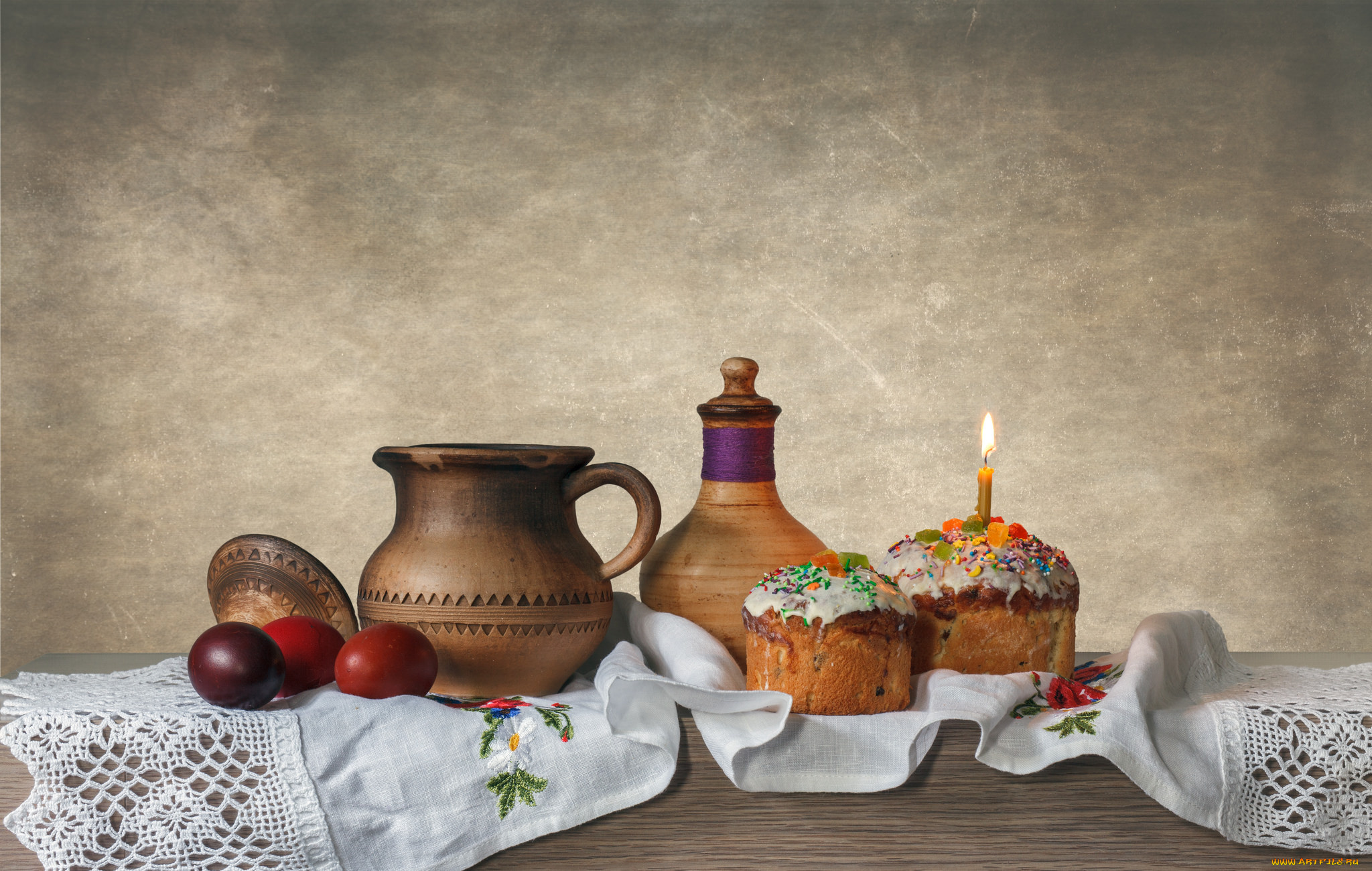 праздничные, пасха, кувшин, яйца, куличи