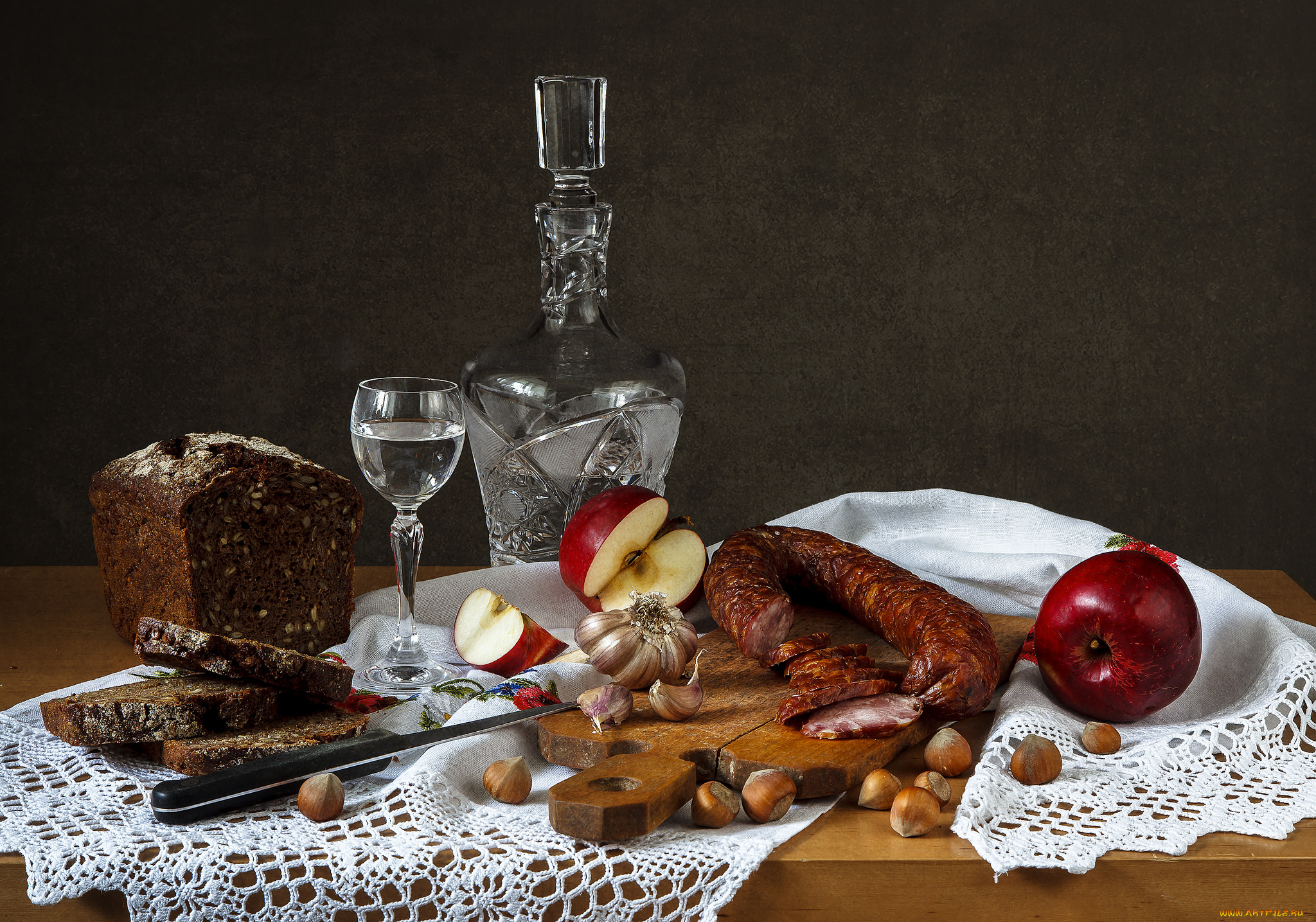 еда, натюрморт, закуска, водка, графин
