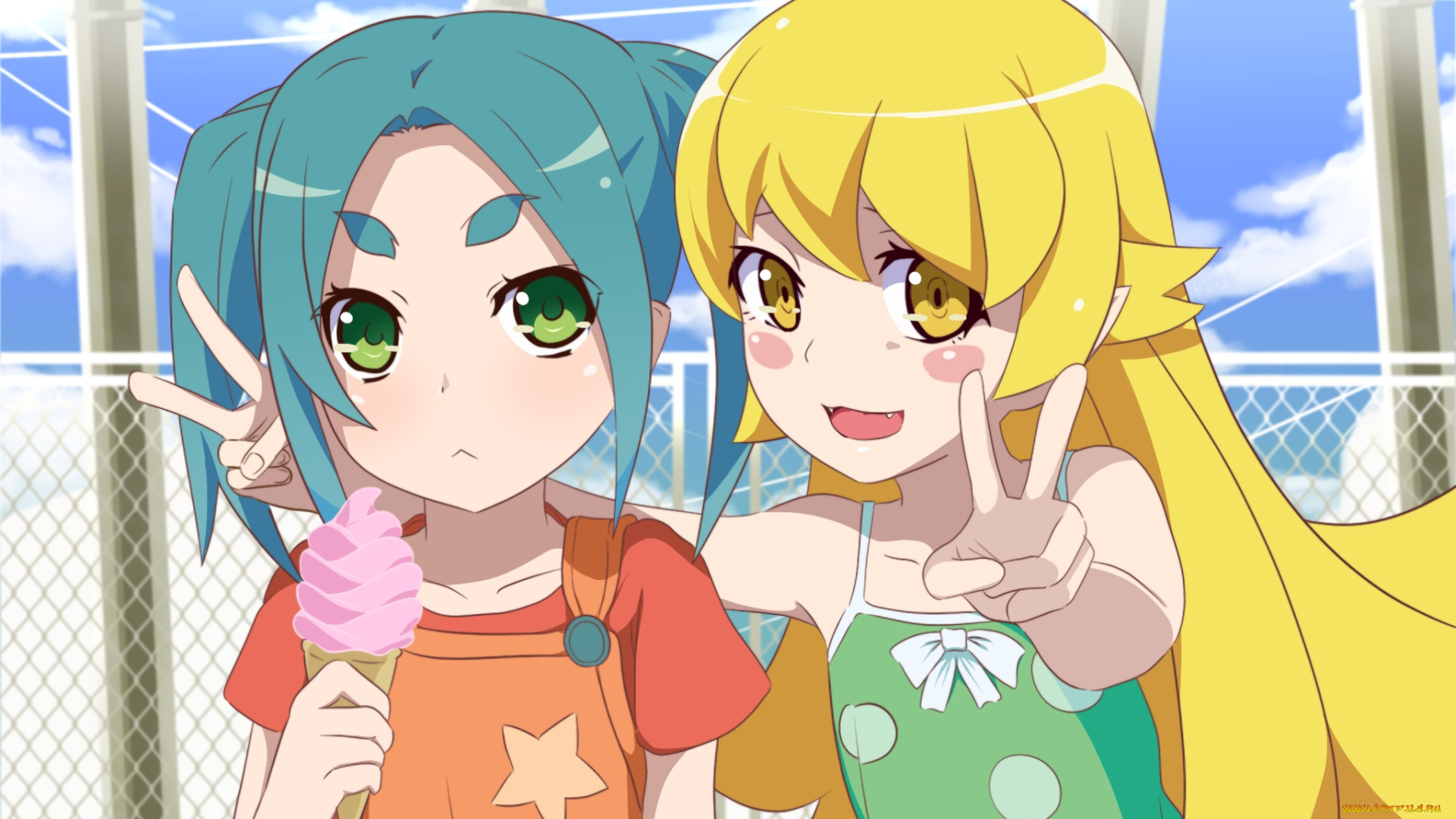 аниме, bakemonogatari, фон, взгляд, девушки