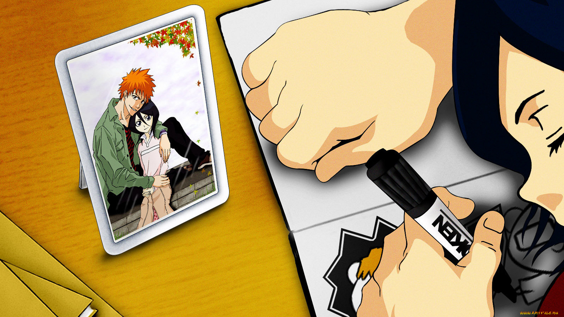 аниме, bleach, сон, альбом, фломастер, стол, фотография