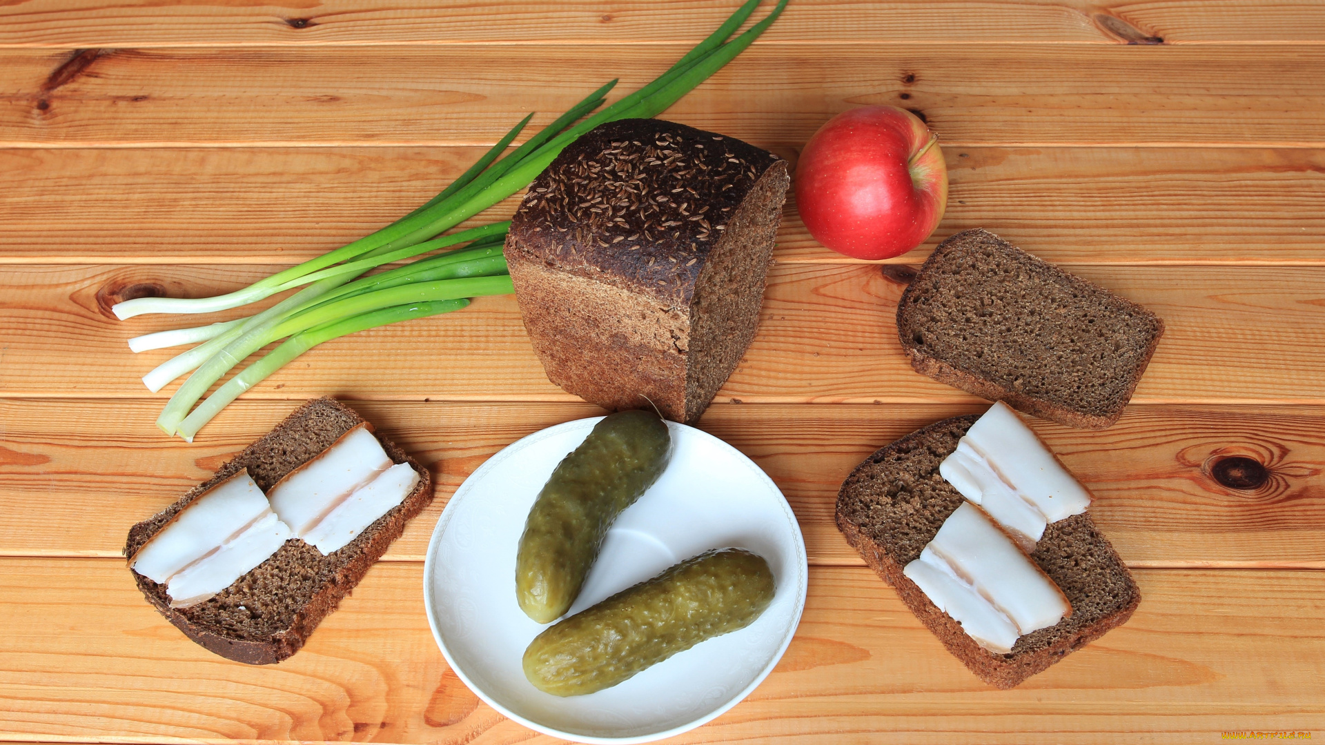 еда, разное, сало, яблоко, огурцы, хлеб, закуска, лук, бутерброды
