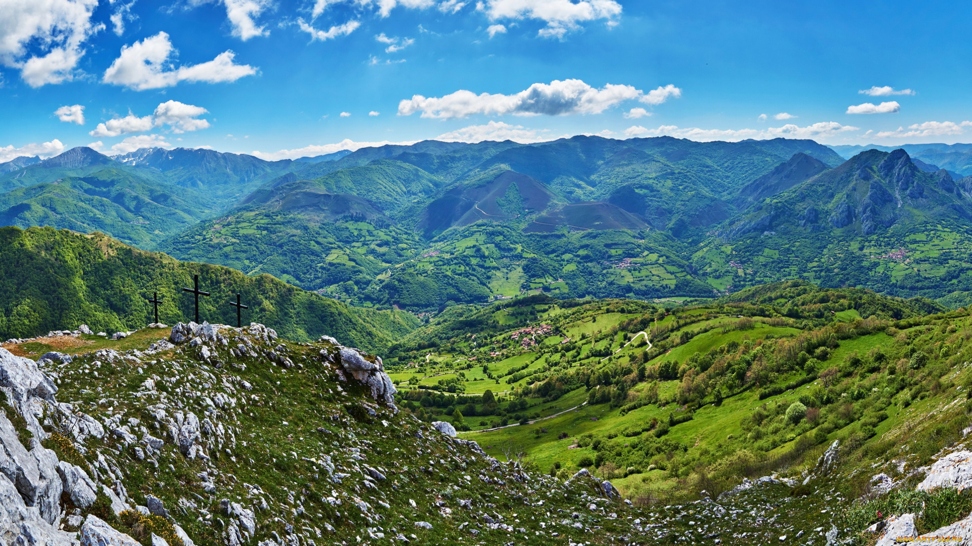 природа, горы, поля, камни, леса, испания, панорама, долина, облака, небо