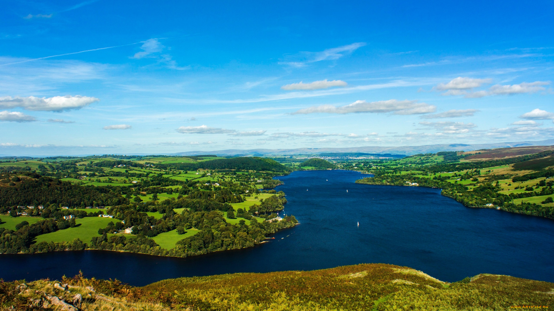 природа, реки, озера, деревья, облака, панорама, небо, англия, howtown, зелень, возвышенность, поля, река