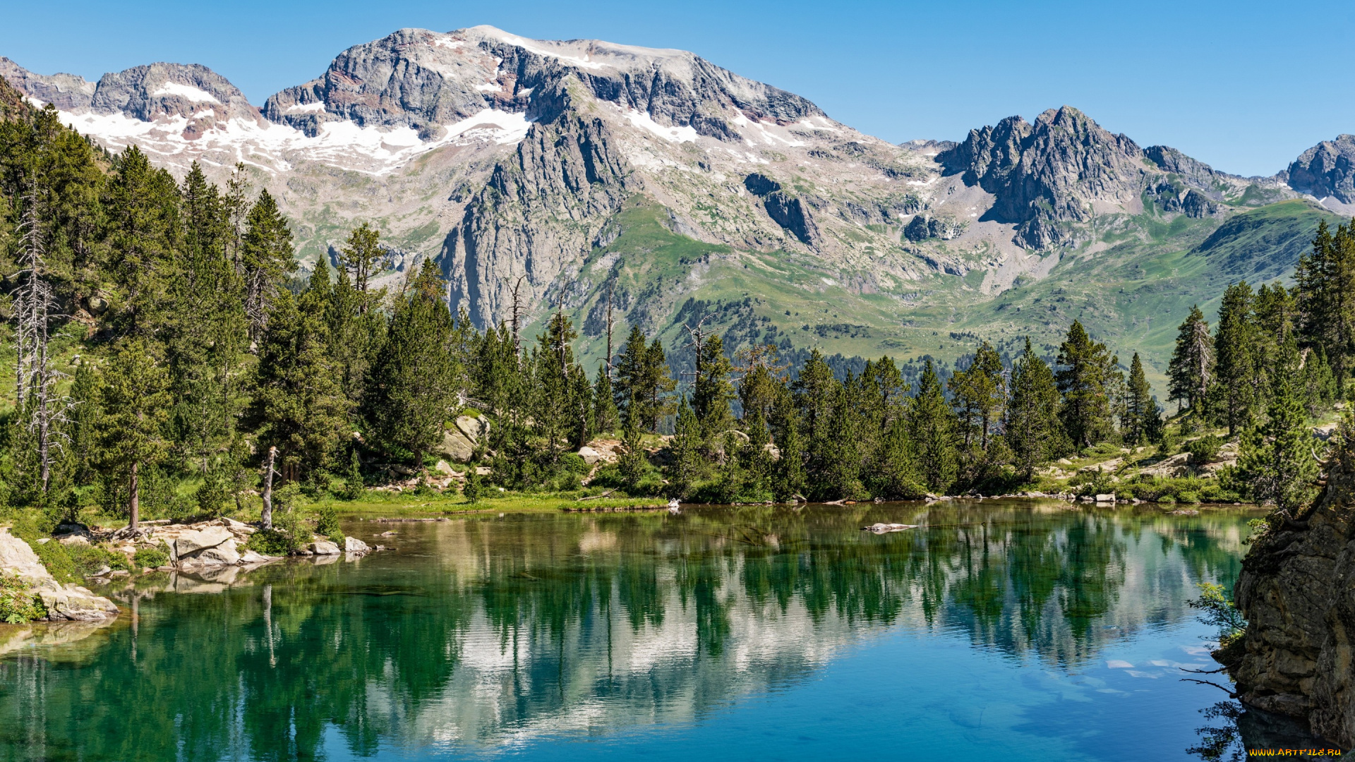 природа, реки, озера, горы, деревья, aragon, испания, озеро, benasque, солнце, небо, камни