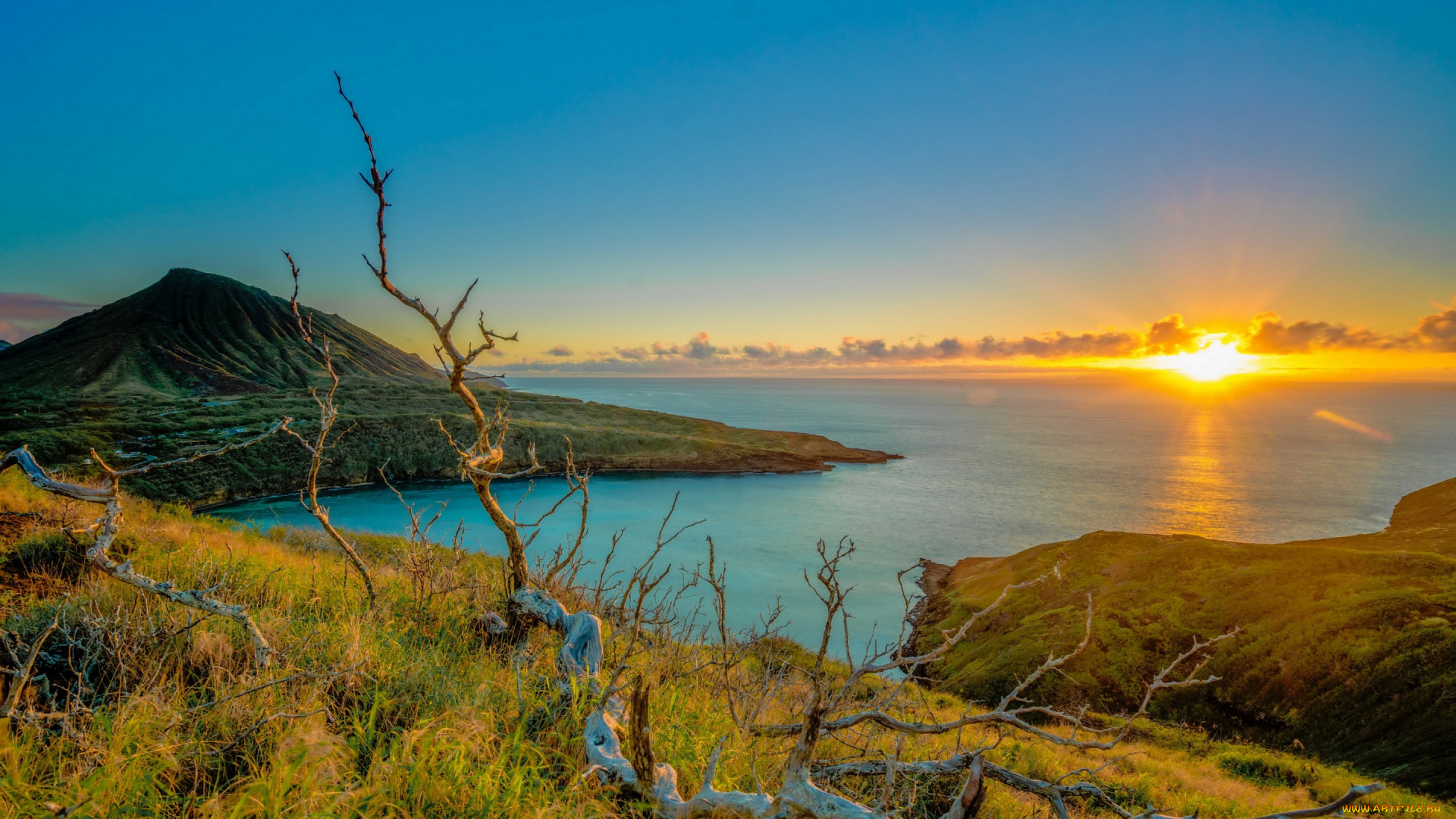 природа, восходы, закаты, гавайи, горизонт, побережье, горы, облака, солнце, небо, море, рассвет